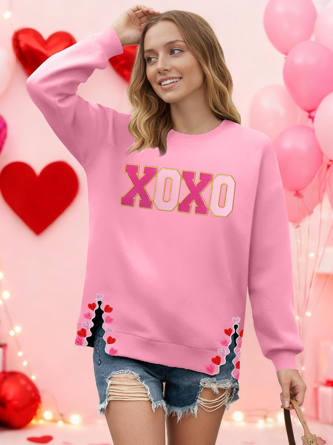 PECHAR Valentine Sweatshirts Women Love Valentines Shirts Embroidered Crewneck Long Sleeve Tops With Side Heart Applique - Image 3