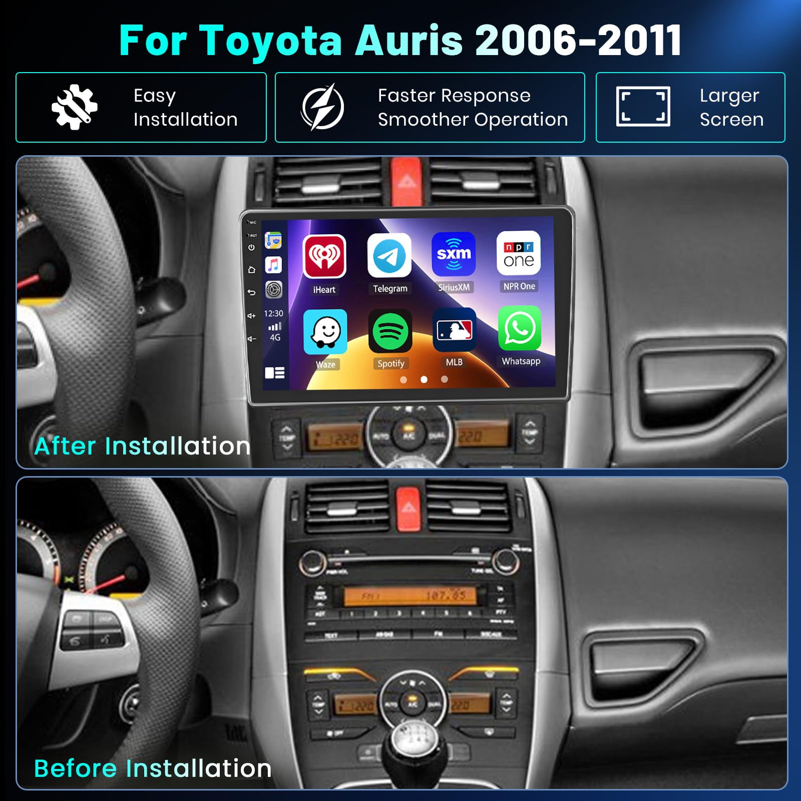 Hikity 4+64GB Android 15 Radio dla Toyota Auris 2006-2011 z Bezprzewodowym Carplay Android Auto, 10.1-calowy Ekran z Nawigacją WiFi Bluetooth FM RDS SWC Kamera Cofania