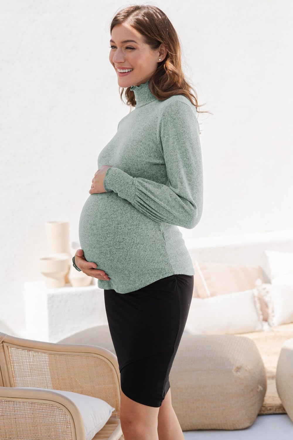 Women's Mock Neck Long Sleeve Ribbed Knit Maternity Top