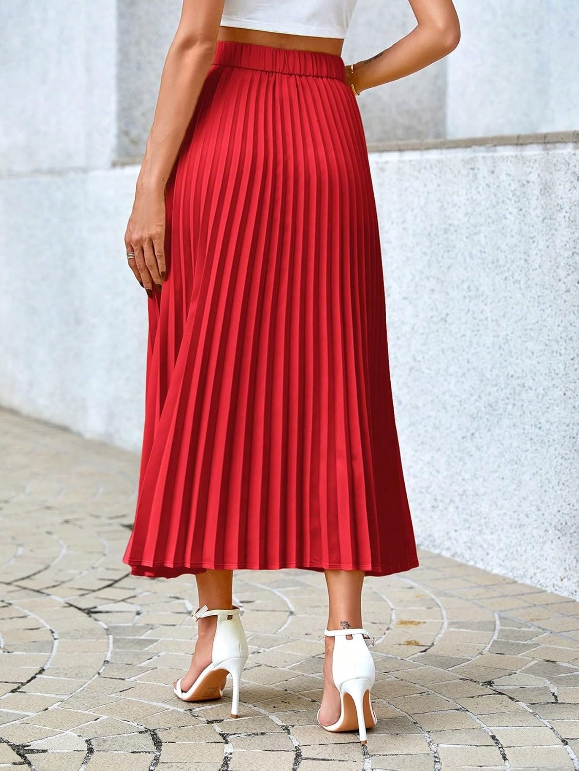 Women's Long Skirts Solid Color Casual Pleated Skirt High Waist Club Skirt, Medium, Red