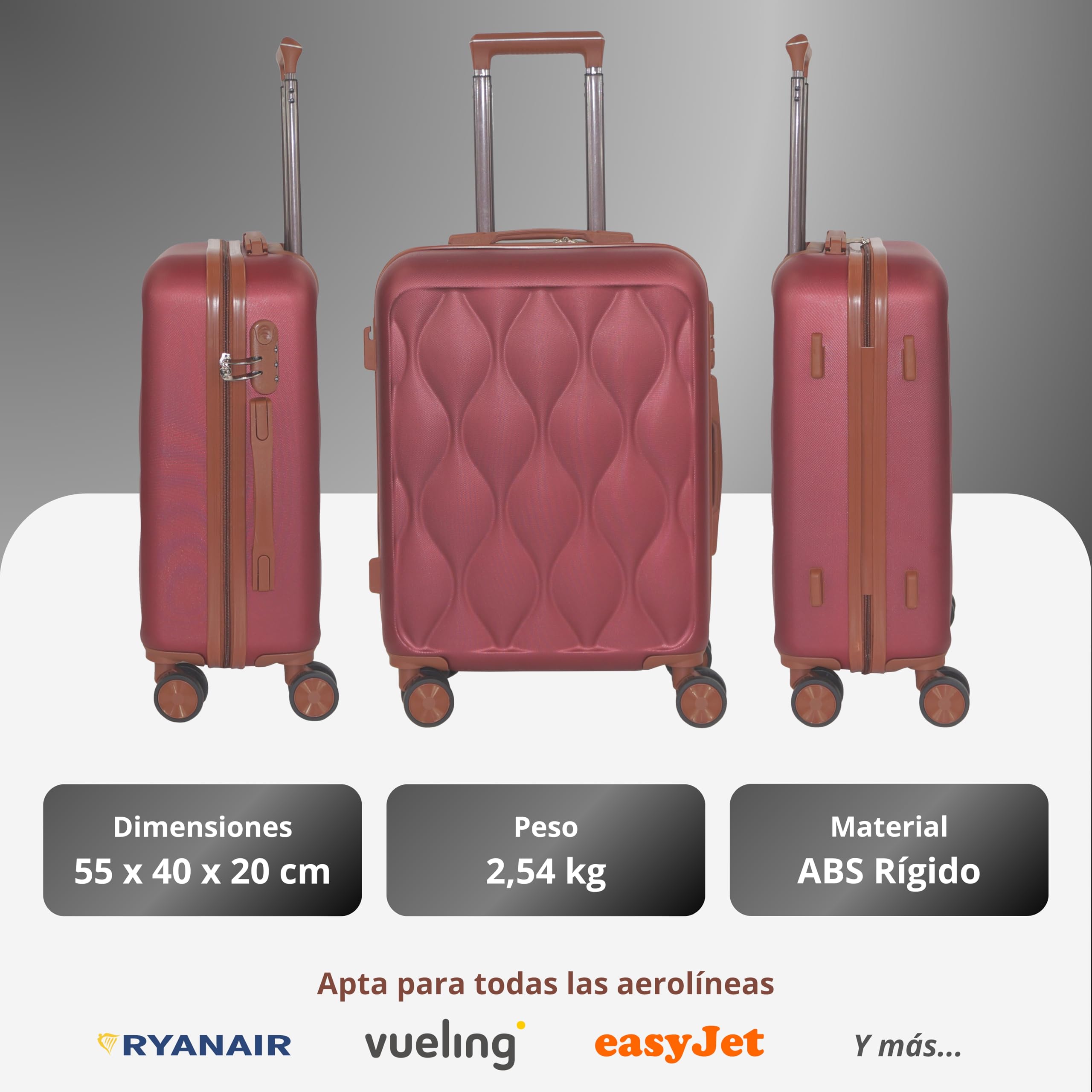 Genérico Maleta de Cabina 55x40x20 cm | Equipaje de Mano | Estructura Rígida ABS y Ruedas Dobles (Burgundy)