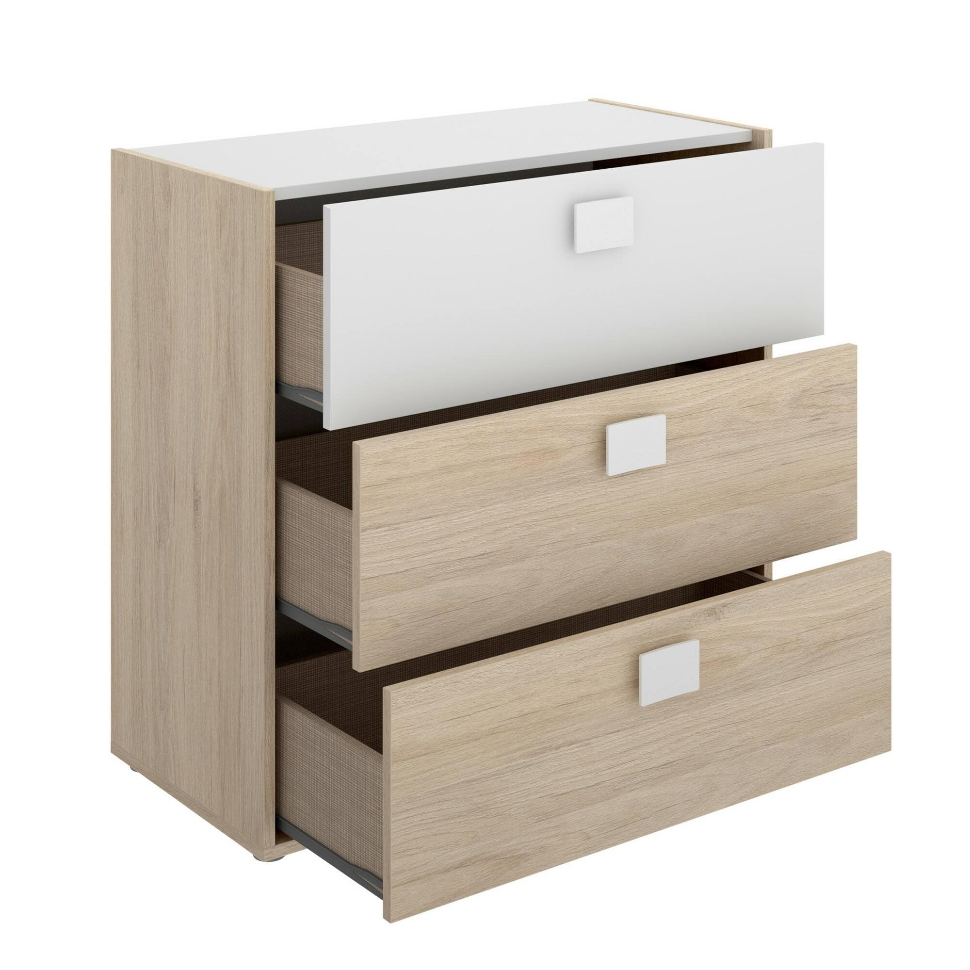 Dmora - Cassettiera Sella, Settimanale per camera da letto, Comò con 3 cassetti, 80x43h81 cm, Rovere e Bianco