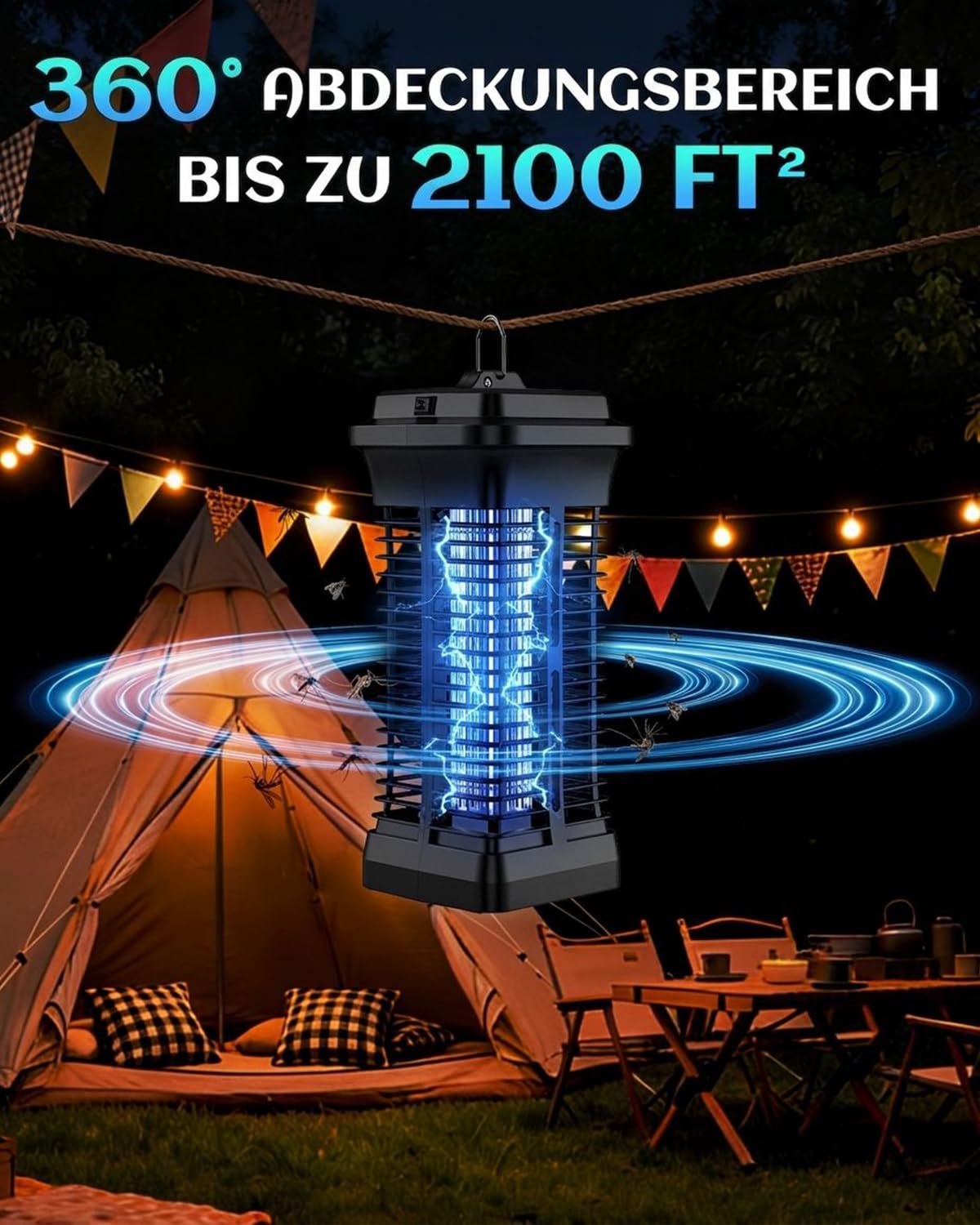 Insektenvernichter Elektrisch 4200V für Innen & Außen, UV Mückenlampe, Mückenfalle & Fliegenfänger Elektrisch, Wasserdichter Mückenkiller zum Aufhängen, Insektenfalle für Garten, Terrasse