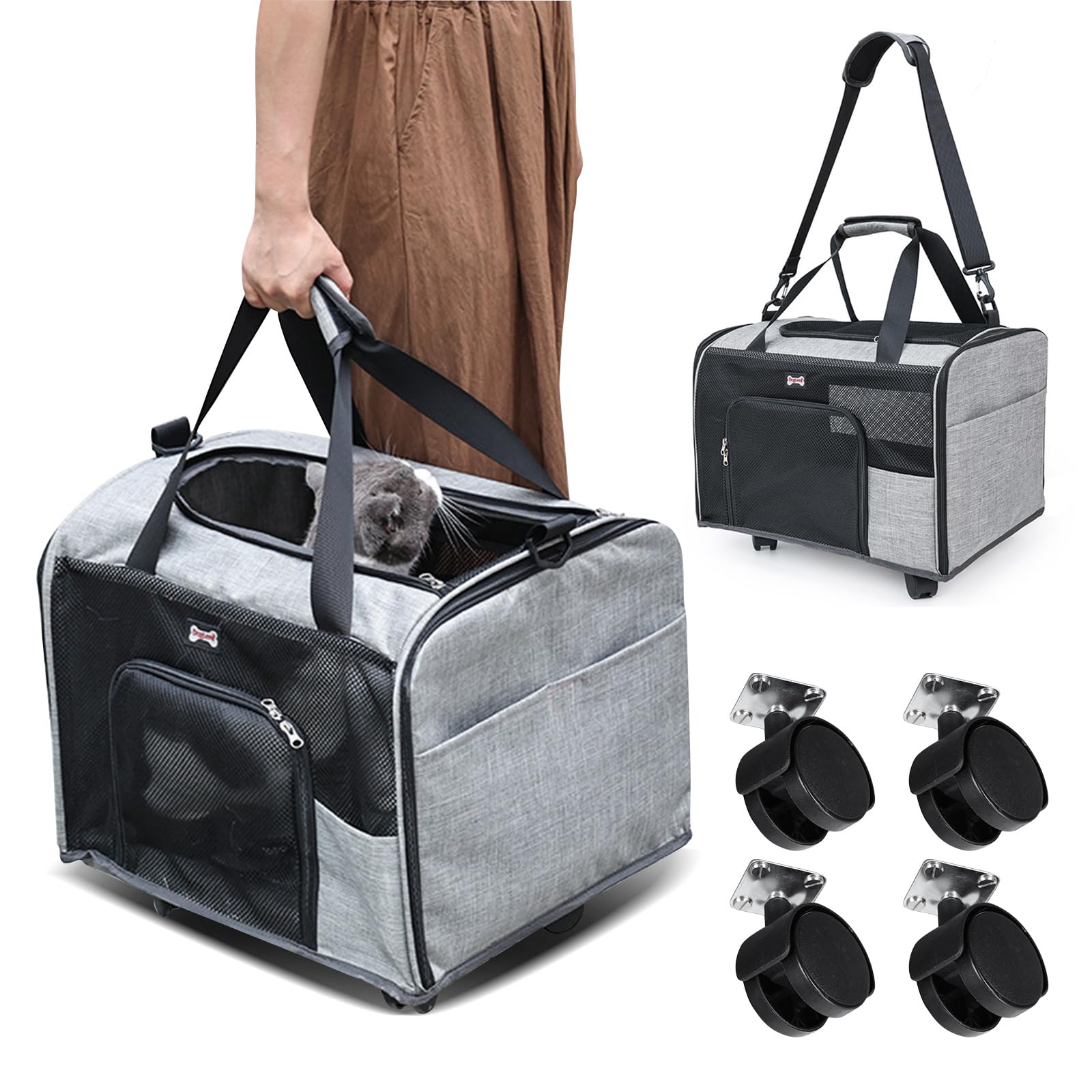 PETCUTE Transportín Perro Gato con Ruedas,Transportín Plegable para Perros con Alfombrilla Extraíble,Correa de Hombro Ajustable,Transpirable Bolsa de Transporte para Mascotas con Bolsillos Laterales