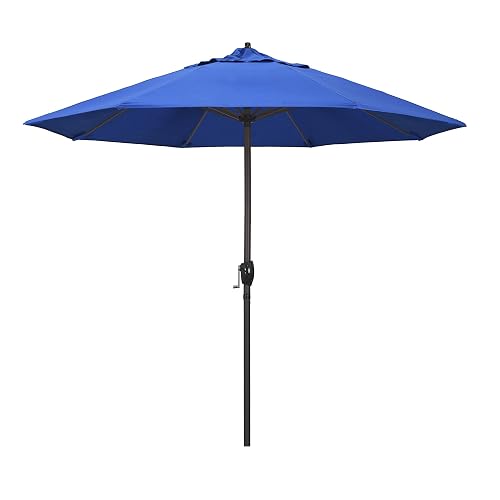 California Umbrella 9' Round Aluminum Outdoor Deck, Pool or Patio Umbrella, Crank Lift, Auto Tilt, Bronze Pole, Royal Bl