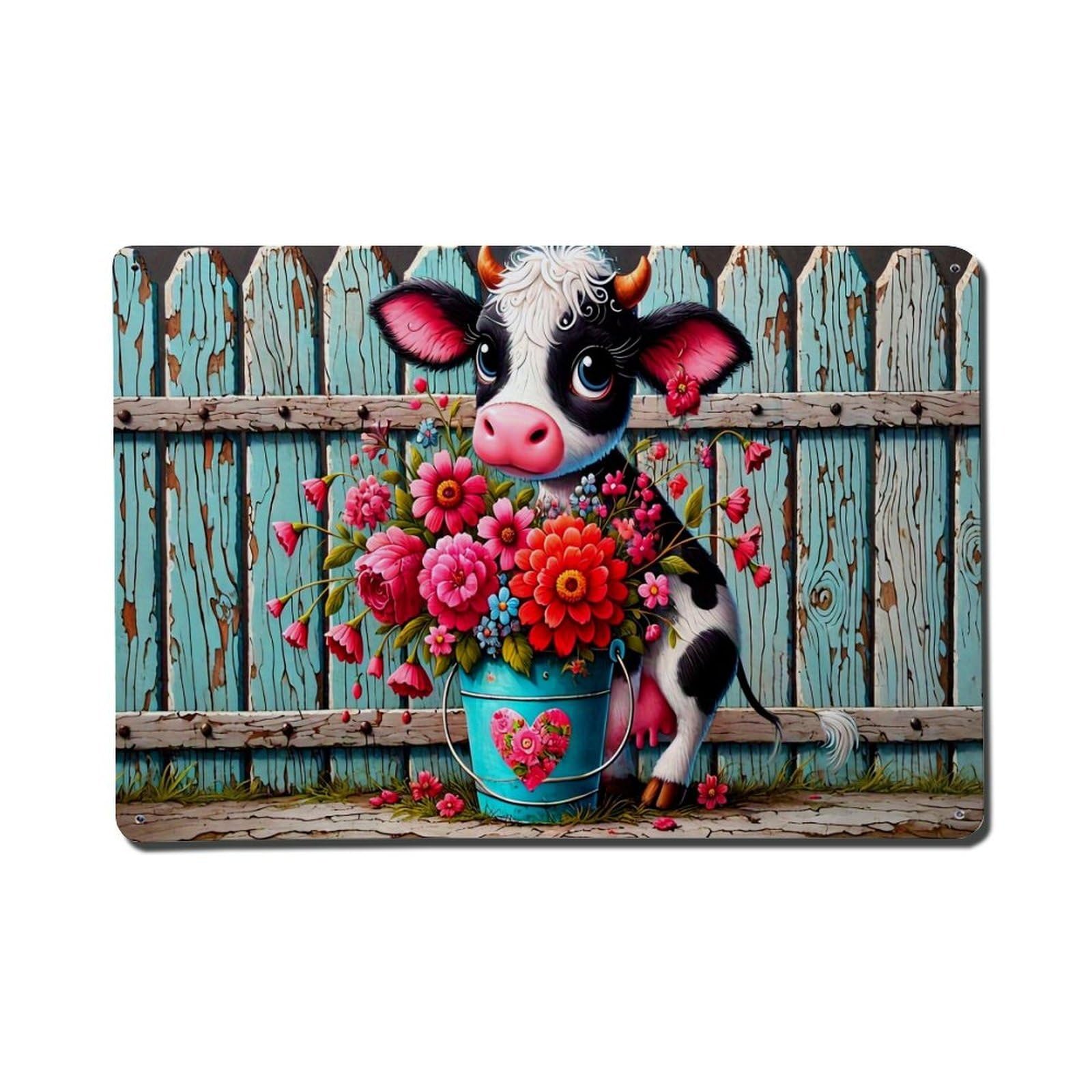 Cow With Flowers Bucket Fence Metal Tin Sign Plaque