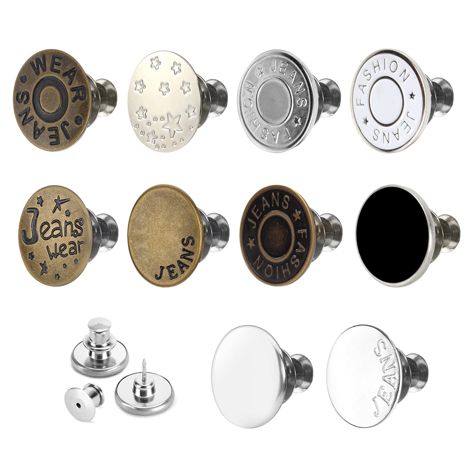 Buy 10 pcs with 10 Different Style Button Pins for Jeans, Snap On Jean