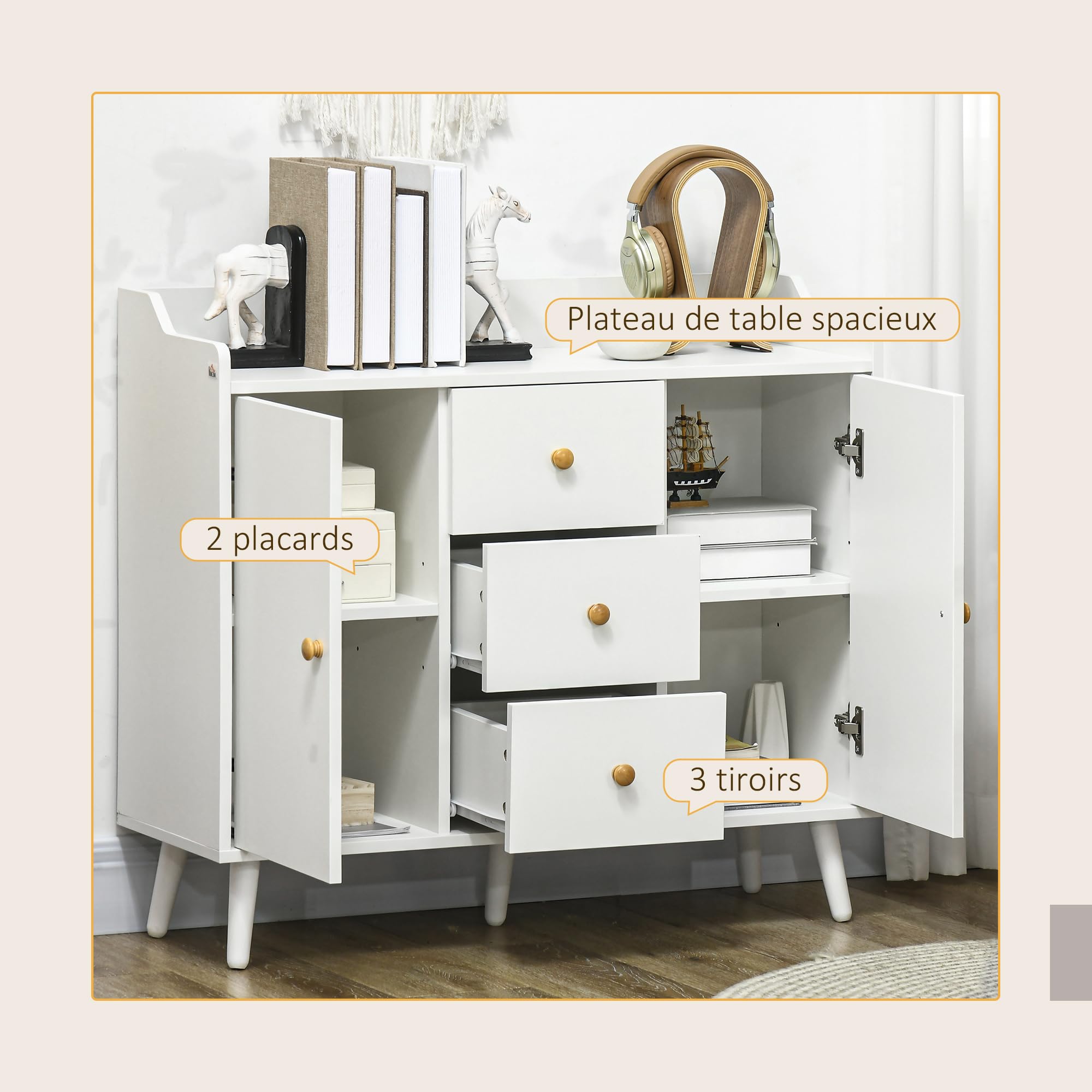 HOMCOM Aparador 2 Puertas 3 cajones, Estilo Moderno, 90 x 32 x 80 cm, Color