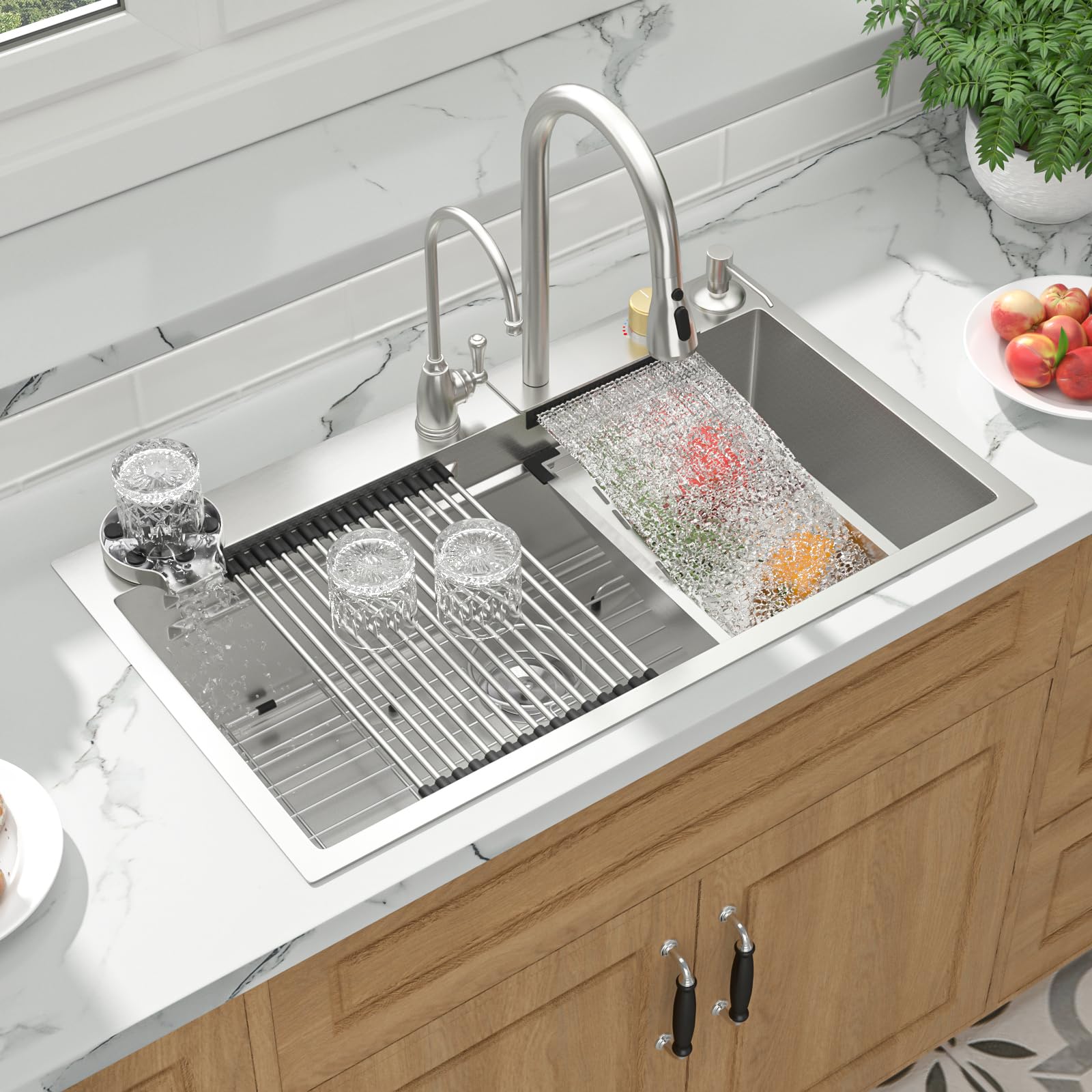 Mocoloo 33 Inch Honeycomb Waterfall Kitchen Sink - 33x19 Drop In Ledge Workstation 16 Gauge Stainless Steel Single Bowl Modern Sink with Faucet Combo and Built-in AccessoriesClimatePartner certified