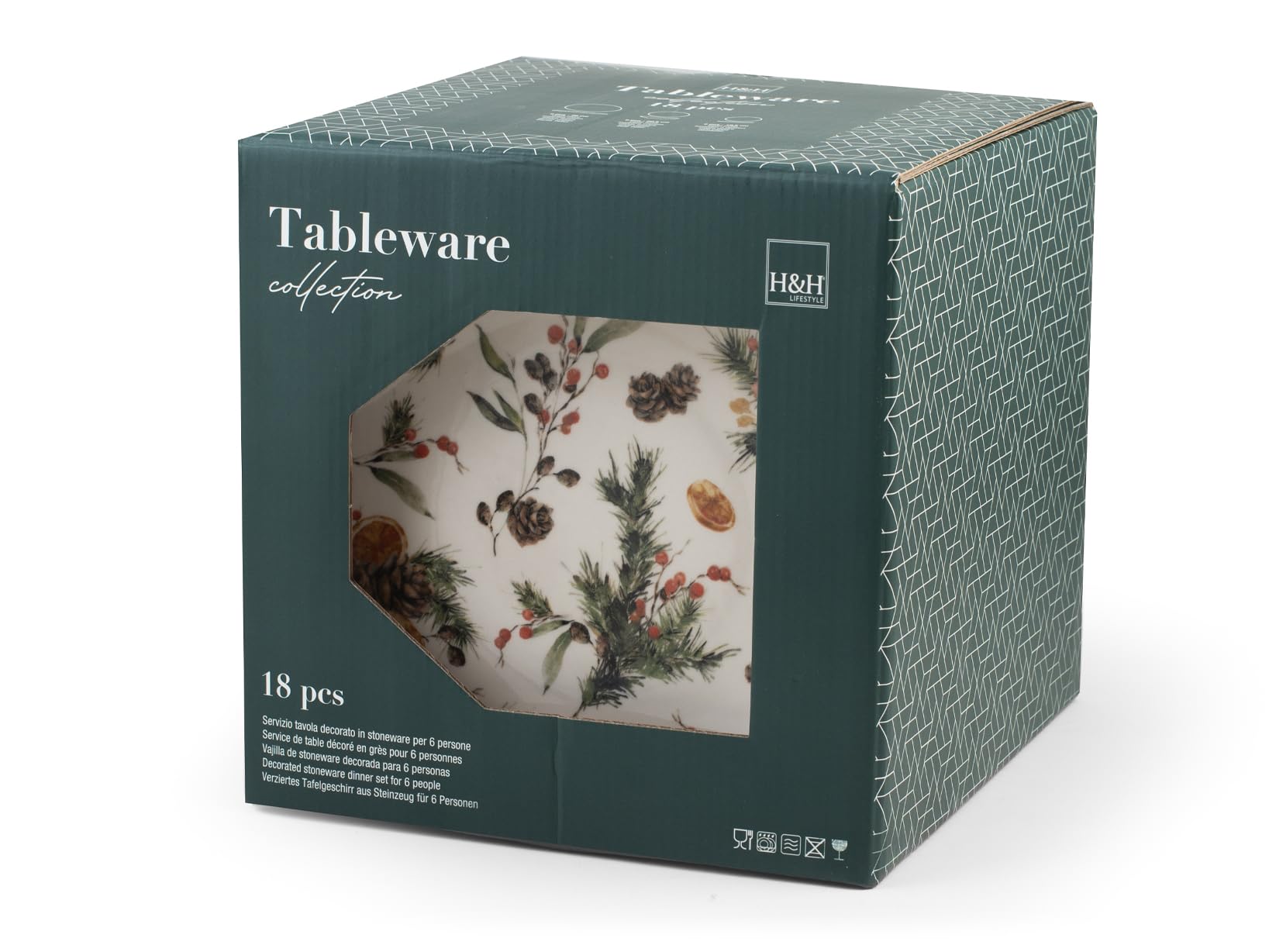 H&H, Servizio tavola 18 pezzi Melody, set tavola natalizio, decoro pettirosso, in stoneware, lavabile in lavastoviglie