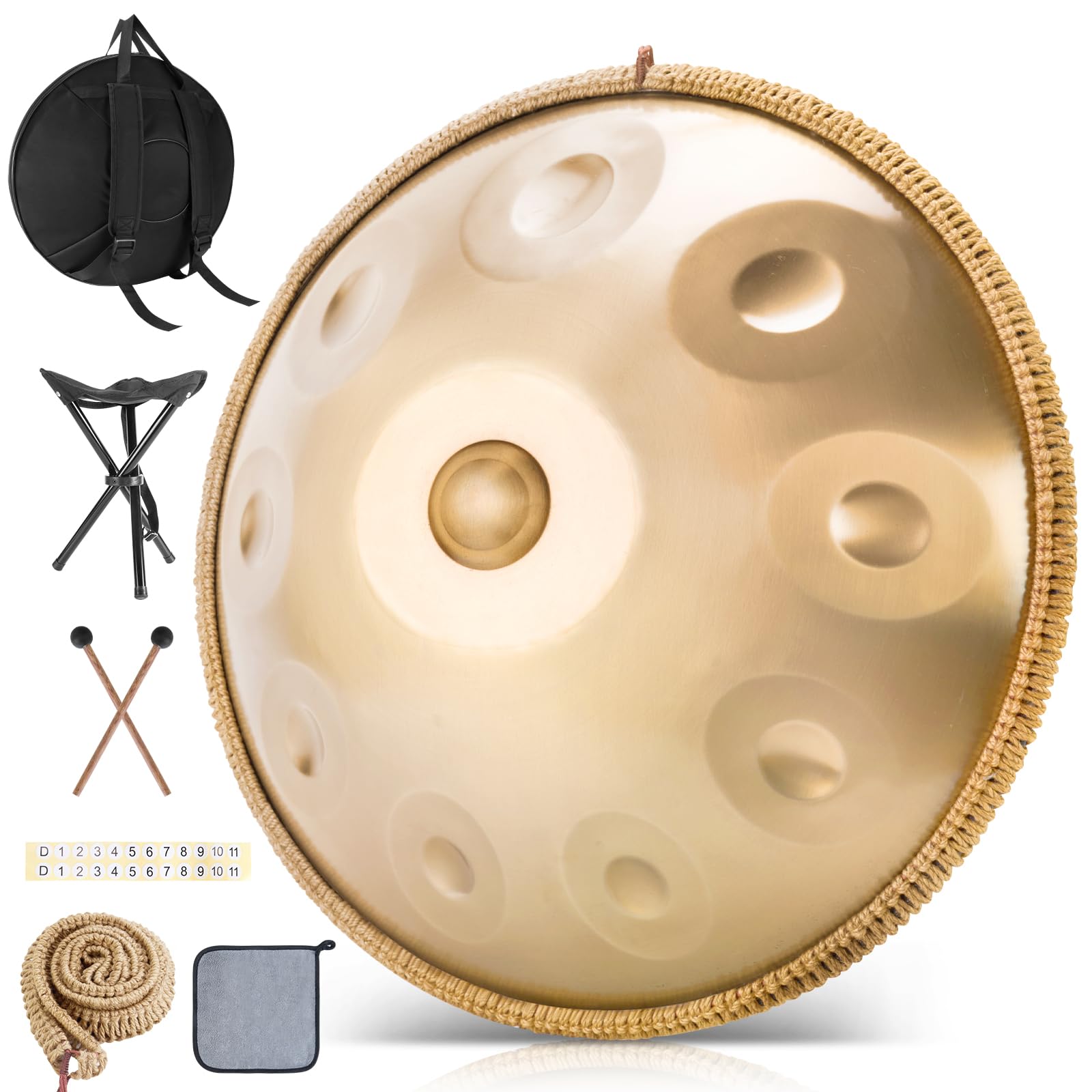 Tambor handpan de 22 Pulgadas, 10 Notas, 440 Hz, lengüeta de Acero en re Menor, Ideal para meditación de Yoga y sanación Sonora (Dorado, 10 Tonos, 440 Hz)