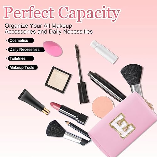 Miniatura 5 de HENGNI Pequeña bolsa de maquillaje personalizada con letra inicial, bonita bolsa impermeable de piel sintética de chenilla para cosméticos, bolsa de