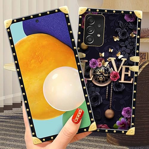 Miniatura 4 de DAIZAG Funda compatible con Samsung Galaxy A52 5G, B Love Flower Clock Square Case Luxury Elegant Women Girls Metal Decoration Corner Classic Retro
