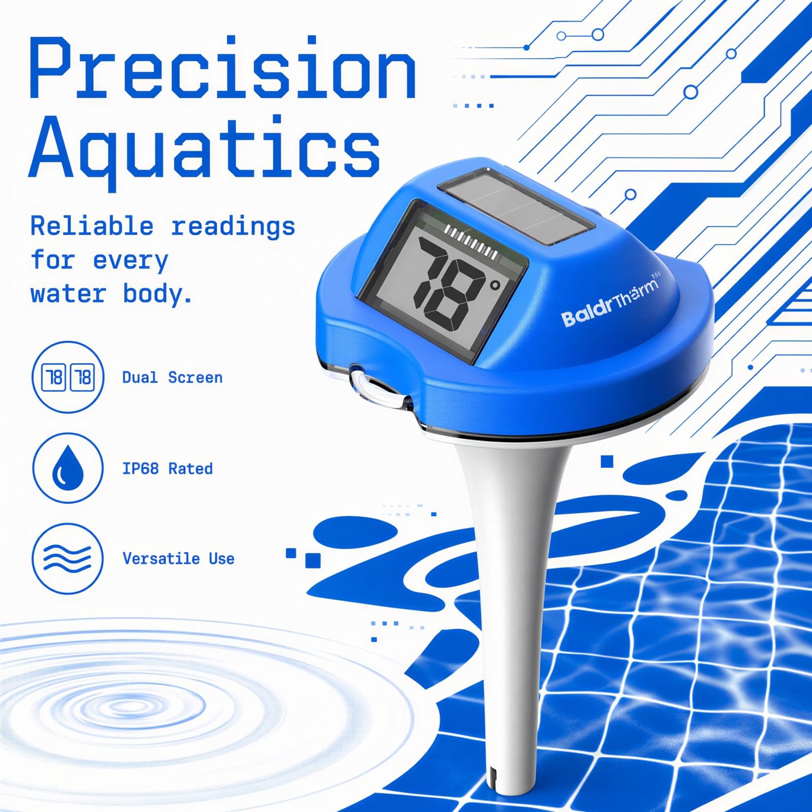Solar Poolthermometer schwimmend, Digitalthermometer mit Anti-Beschlag-Dualdisplay, IP68-Schutzklasse, präzise Wassertemperaturanzeige für Pool, Whirlpool, Teich, Spa, Aquarium