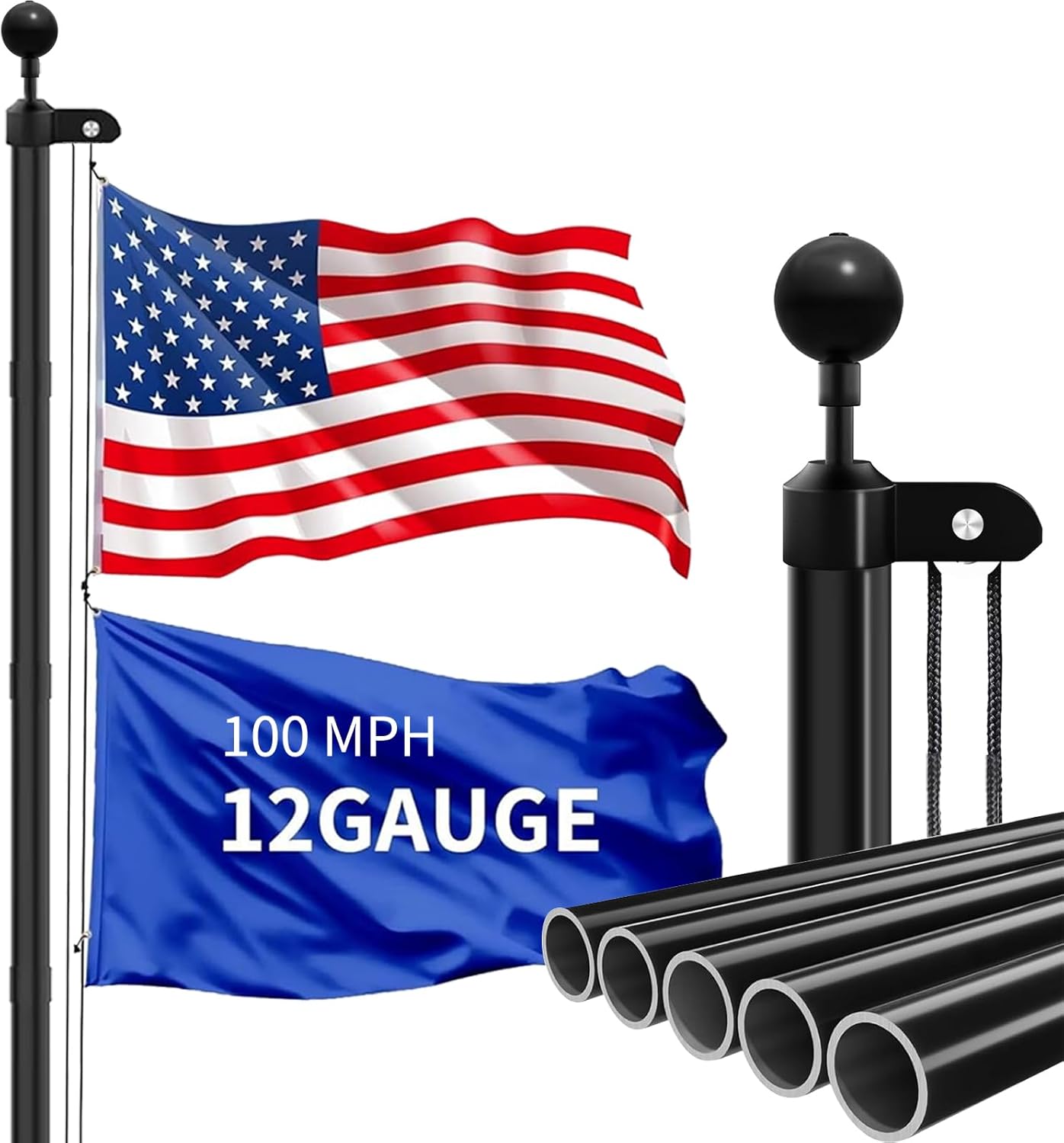 MXQMKL 12 Gauge Flag Pole for Outside House in Ground, 20FT Heavy Duty Flag Poles Kit, Extra Thick Outdoor Flagpole with 3x5 American Flag for Residential and Commercial, Black 20FT Black