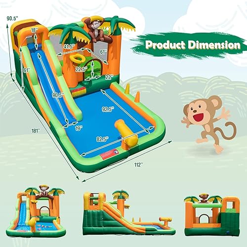 Miniatura 3 de BOUNTECH Tobogán acuático inflable, castillo de salto de parque acuático para niños con tobogán largo, piscina de salpicaduras, toboganes acuáticos