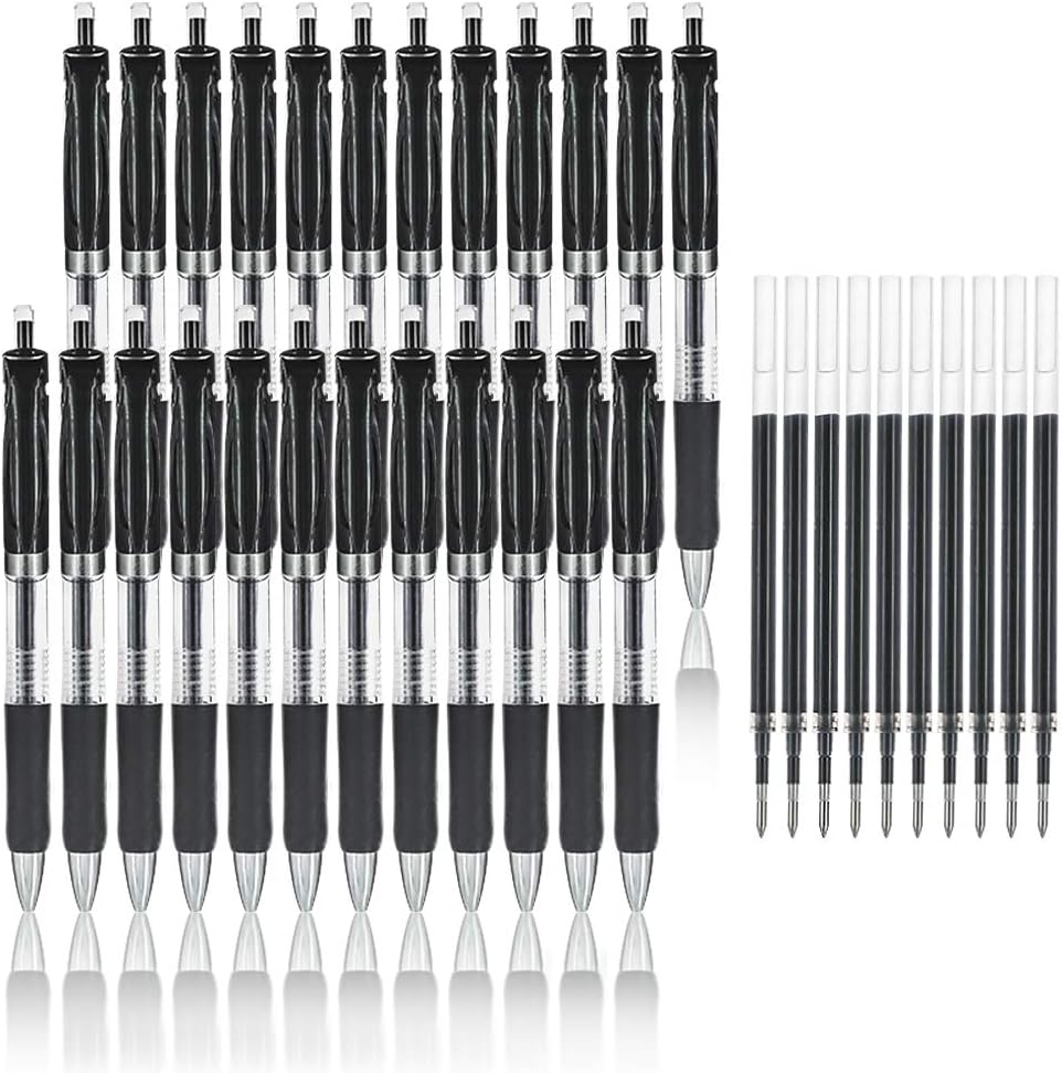 JPSOR 24Pcs Black Rollerball Fine Point Pens, Gel Ink Retractable Writing Ballpoint Pens with 10Pcs Gel Pen Refills (0.5mm) for School Office Home