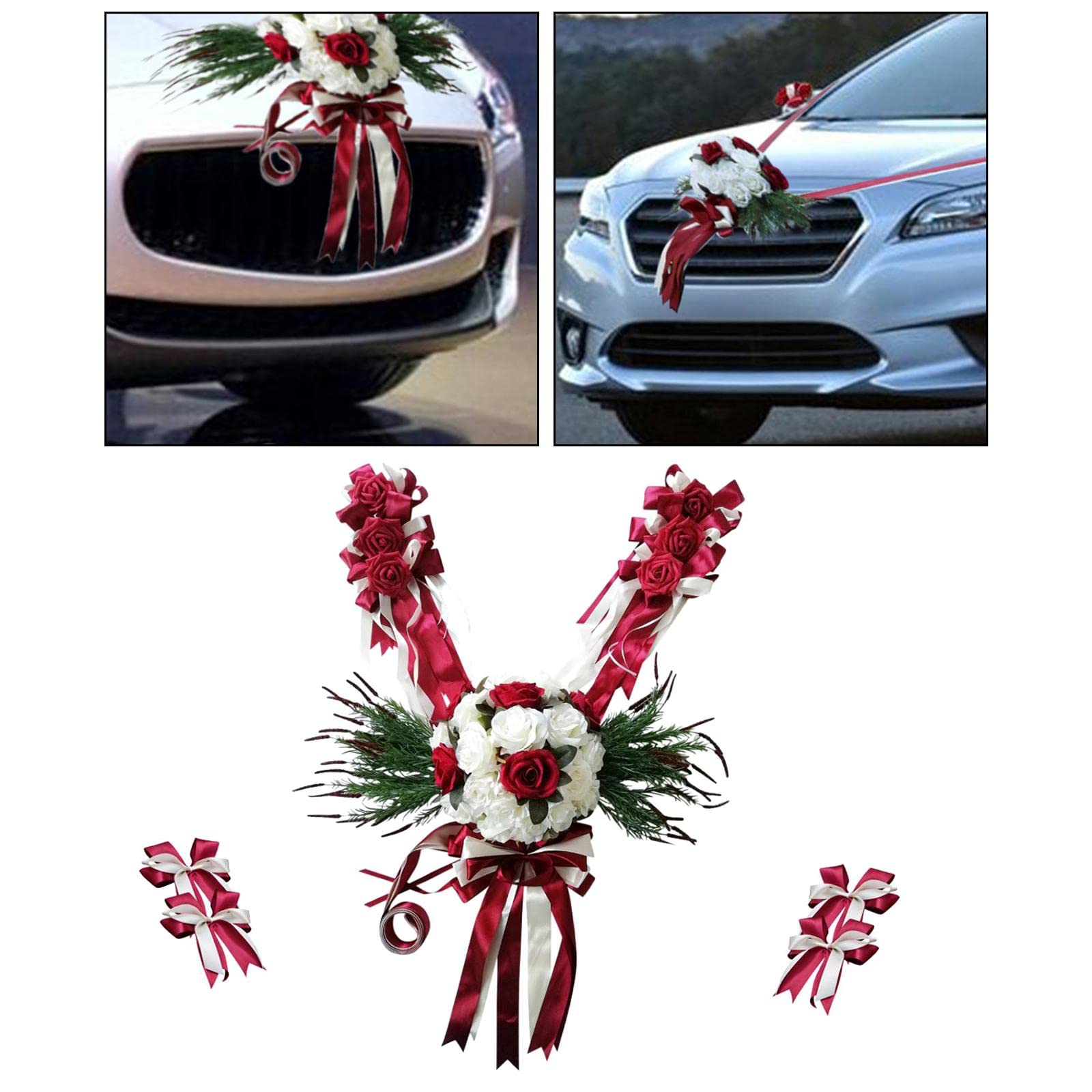 12 Stück Hochzeitsauto Dekorationsset Seidenblumenschmuck Polyesterbänder Satinblumenschleifen Schleifen Autoschmuck für Brautlimousinen Hochzeitflott, Burgund