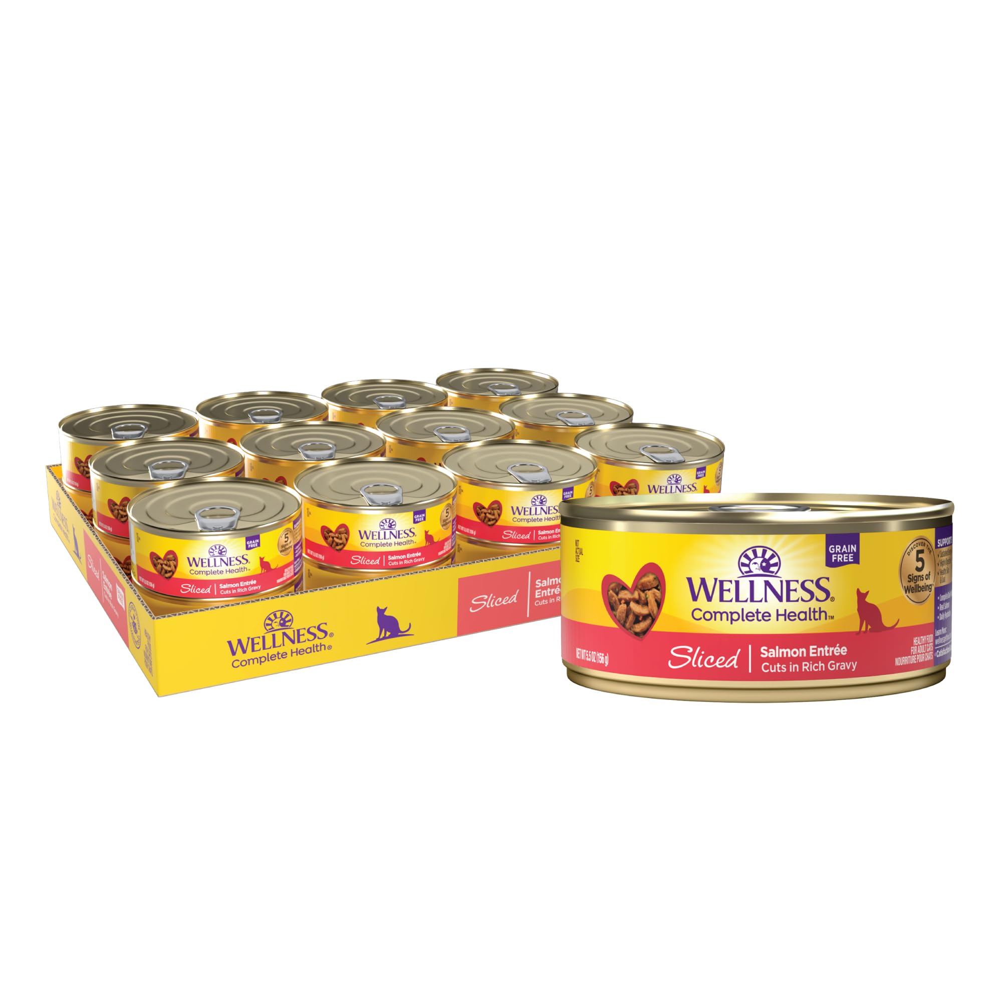 BBD: 14/Oct/2025. Wellness Natural Pet Food Wellness Complete Health Natural Grain Free Wet Canned Cat Food, Sliced Salmon Entree, 5.5 Ounce (Pack of 24)