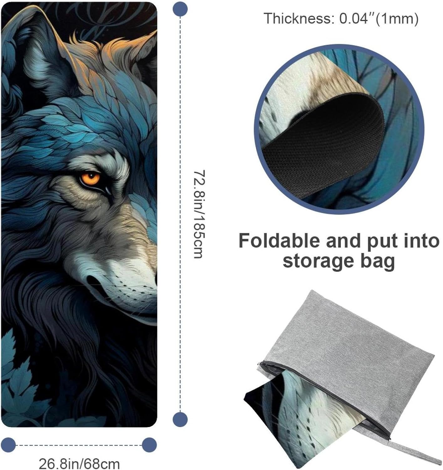 Yoga Towel, Wolf Animal Print Non Slip Sweat Absorbent Hot Yoga Mat Towel for Hot Yoga, Pilates and Fitness - 72.8" x 26.8"