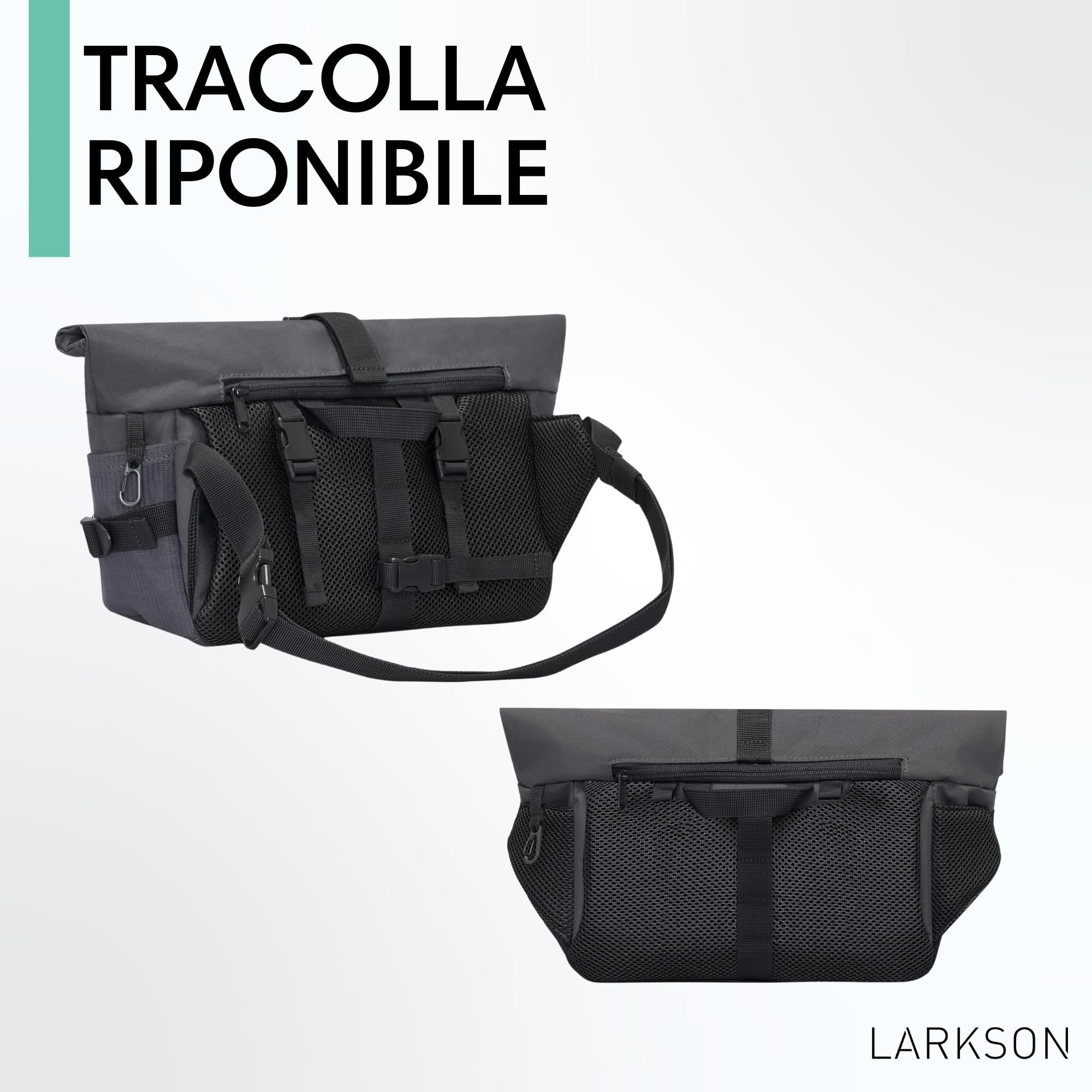 LARKSON Borsa Manubrio Bici Grigio - Lasse - 2 in 1 Borsa Bicicletta e Tracolla - Borsa Bikepacking per Manubrio Anteriore con Riflesso - Idrorepellente