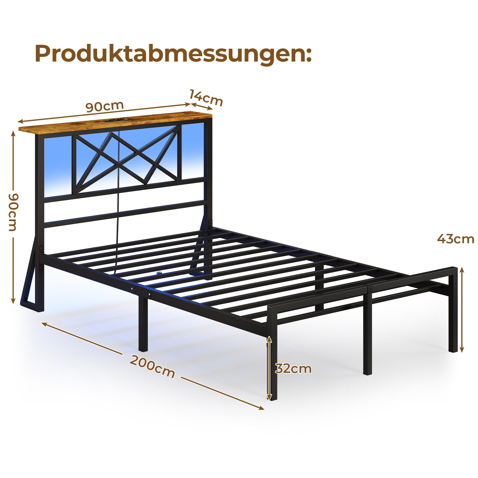 DICTAC Bettgestell 90x200 mit LED Beleuchtung, Bett 90x200 mit Steckdose und 2 USB, Einzelbett mit Holzkopfteil, Metallbett mit Lattenrost aus Metall, Bettrahmen mit Stauraum unter dem Bett, Höche 32