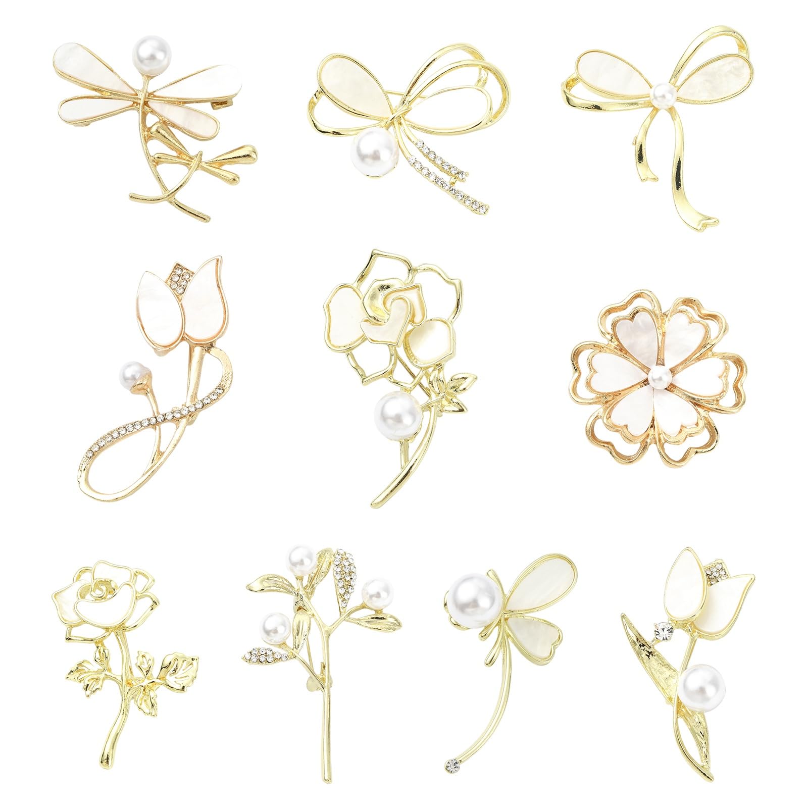 Broches fleur coquillage strass et nœud Airssory pour femme (Lot de 10 pièces)