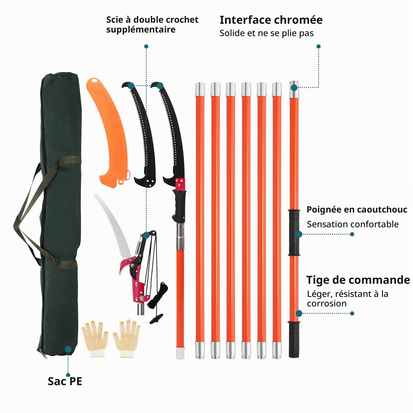 Scie d'élagage avec manche télescopique, hauteur réglable de 8 m, 2,24 m à 8,24 m, lame en acier au carbone avec sac de transport et 2 lames de scie jusqu'à 10 m de hauteur de travail manuelle
