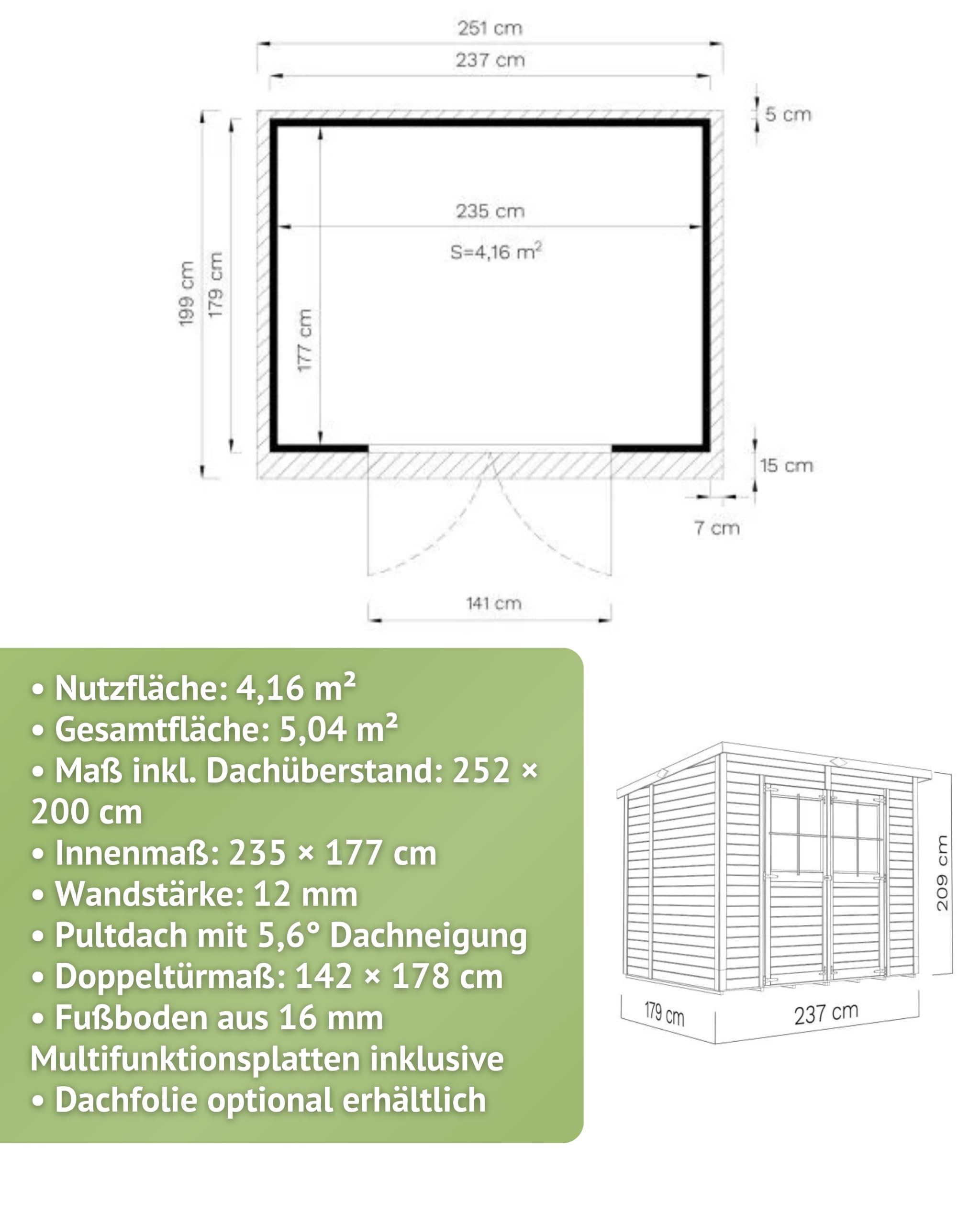 Steiner Shopping Gartenhaus Ense 03 | 12 mm Elementgartenhaus aus nordischer Fichte I Außenmaß 252 x 200 cm I Mit Fußboden & Pultdach