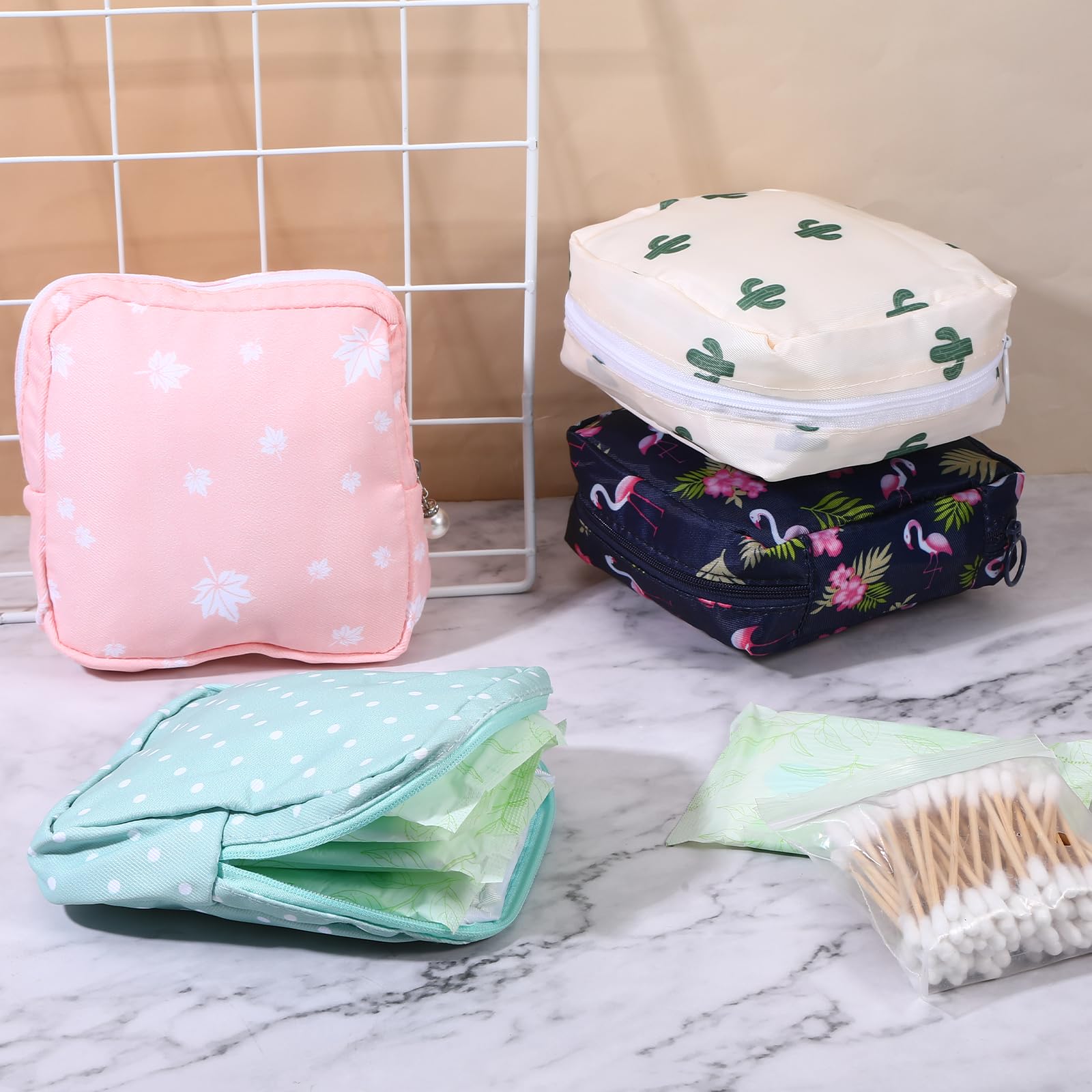 4 PCS Sanitary Napkin Storage Bag, Menstrual Pad Zipper Period Pouch Portable Period Bag Panty Liners, Pad Pouch with Zipper for Women Ladies Daily Use Purse Travel(Flamingo,4 Patterns)
