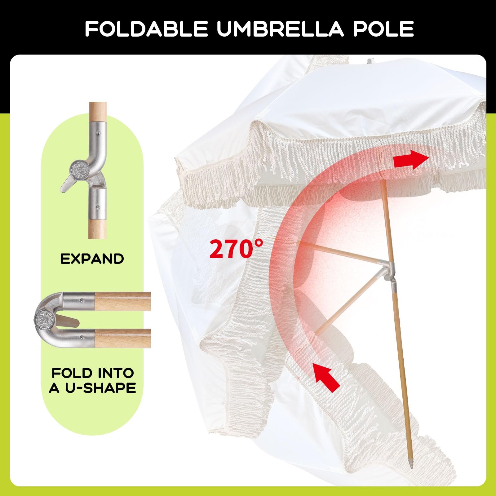 Ombrello da patio da 1,8 m, stile boho, in metallo, con protezione UPF 50+, regolabile, inclinabile, anti-pizzico, facile da trasportare, per giardino, cortile, piscina, spiaggia