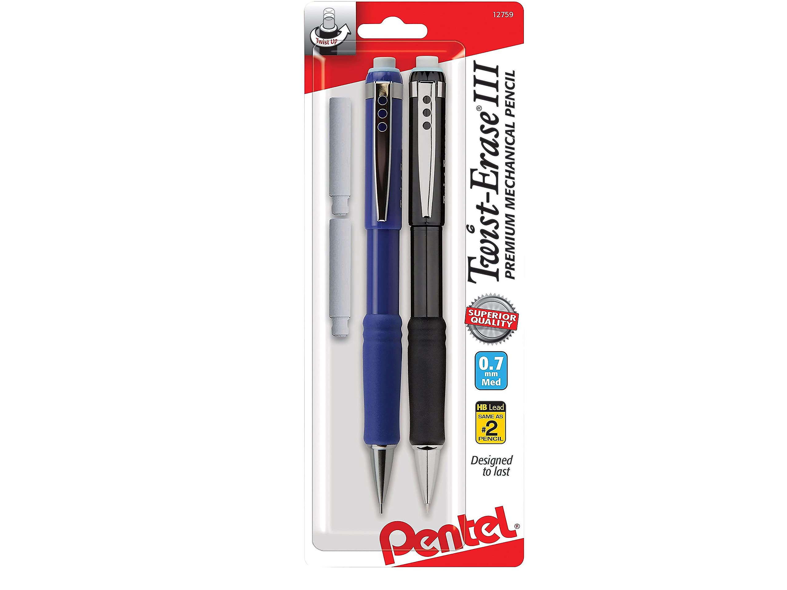 Pentel® Twist-Erase® III Mekanik Kalemler, 0,7 mm, Çeşitli Varil Renkleri, 2'li Kalem Paketi