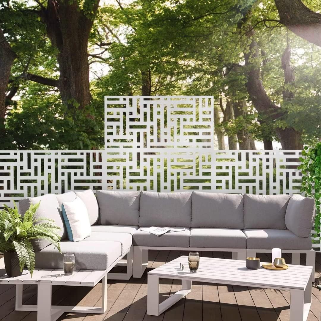 Elevens Metal Privacy Screen Outdoor Patio Screen Panels Freestanding Decorative Screen Set with Stand for Deck Patio Balcony Garden Outdoor&Indoor, White-Block