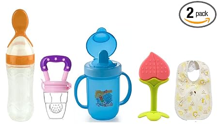 Lappu Infant Baby Fruit 1 Nibbler Feeder For Babies 1 Pcs And 1 Pcs Baby Silicone Teether 1 Sipper For 3-12 Months & Soft Baby Bib Free-Multicolor- Combo Pack (Pack Of 6)
