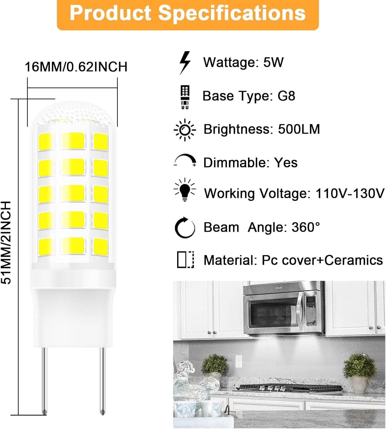 G8 Led Bulb Dimmable Under Microwave Light Bulb 50W Halogen Replacement for GE Samsung LG Over The Range Microwave Hood, 120V 5W 500LM Daylight White 6000K, Replaces WB08X10057 WB08X10051, 2-Pack