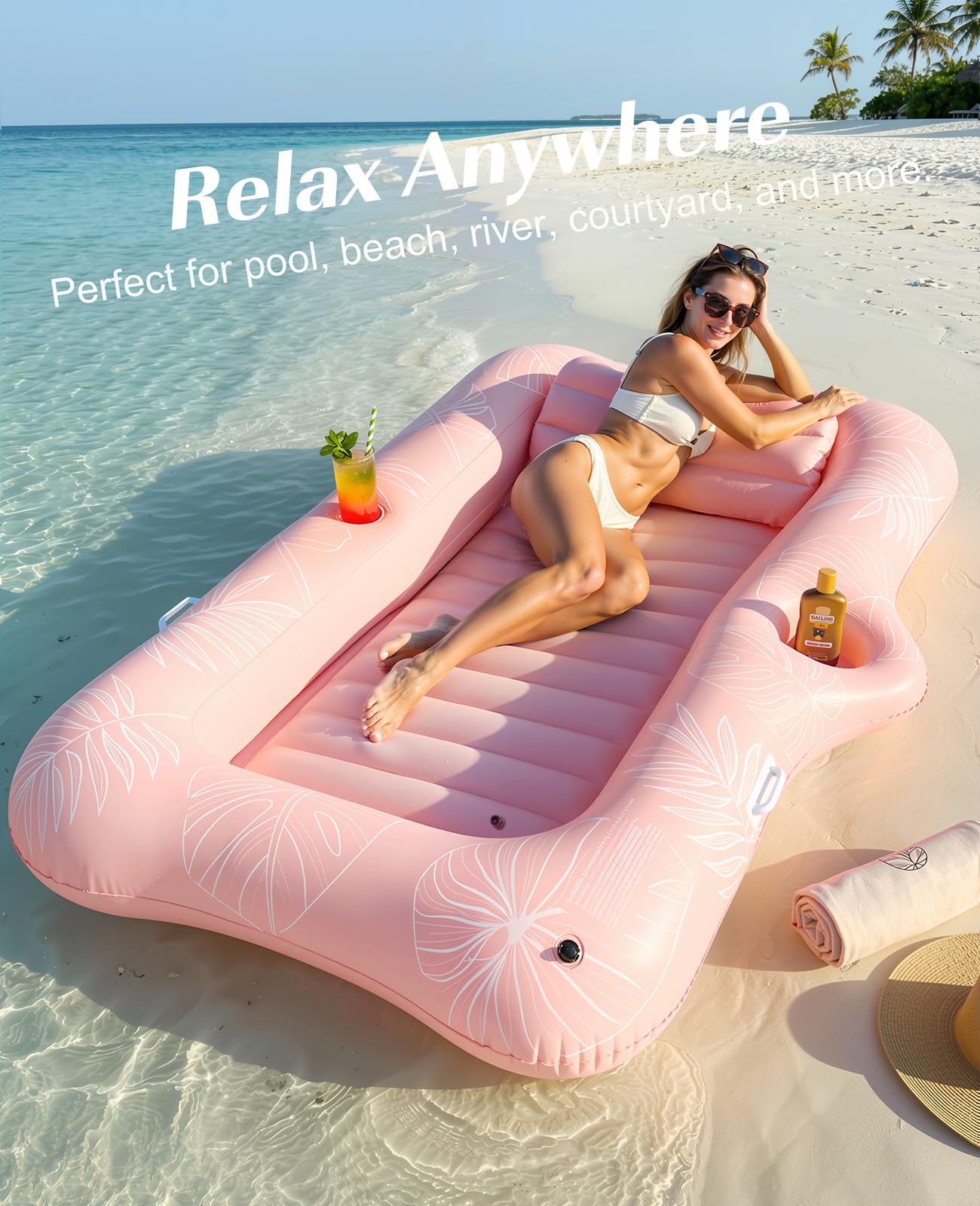 HeySplash Flotador de Piscina, Tumbona Hinchable con Válvula Rápida y Dos Portavasos para Niños y Adultos, Fila Flotante Hinchable para Playa Fiesta en la Piscina