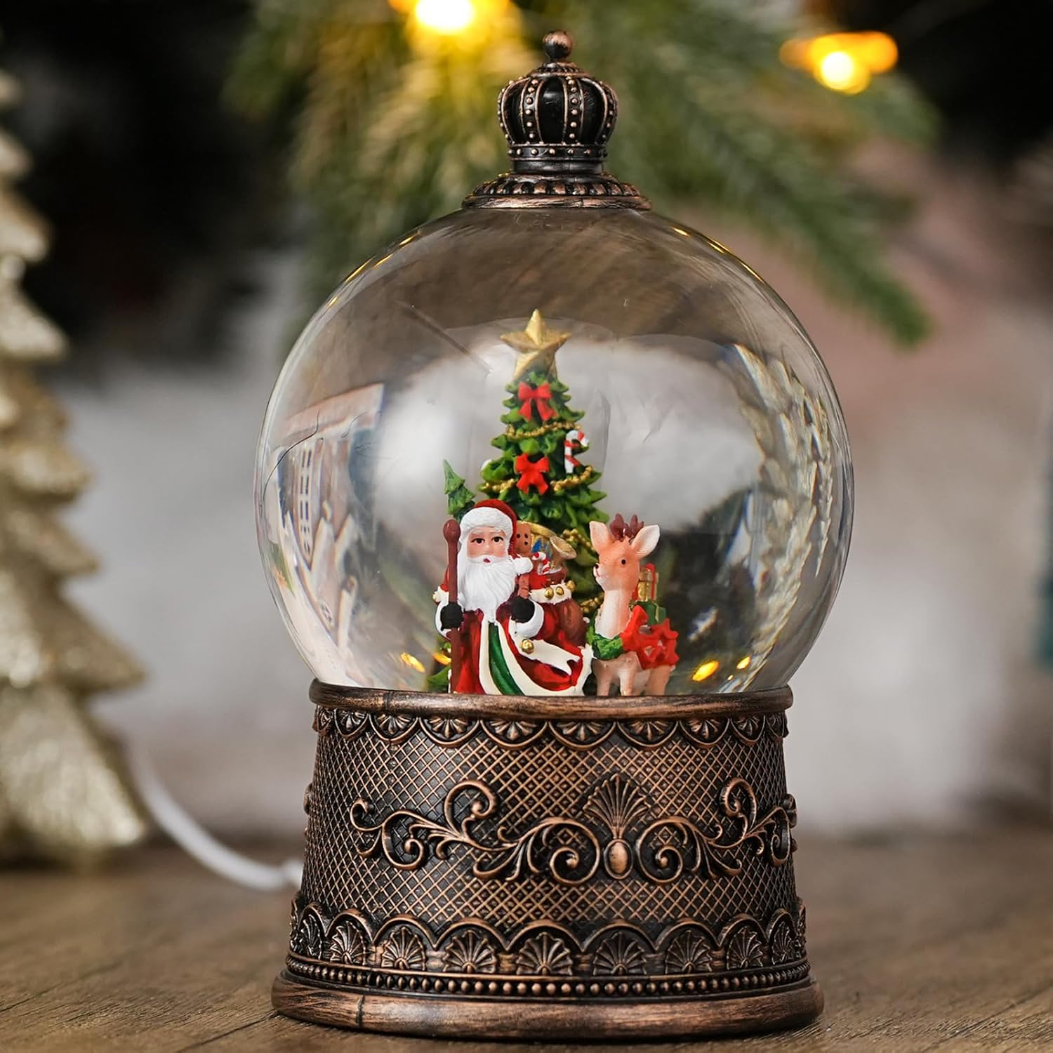 Snow Globe with Santa with Reindeer, Light Up Christmas Snow Globes with Music Timer - USB Plug or Battery Operated Glitter Globe Indoor Christmas Decorations - Image 6