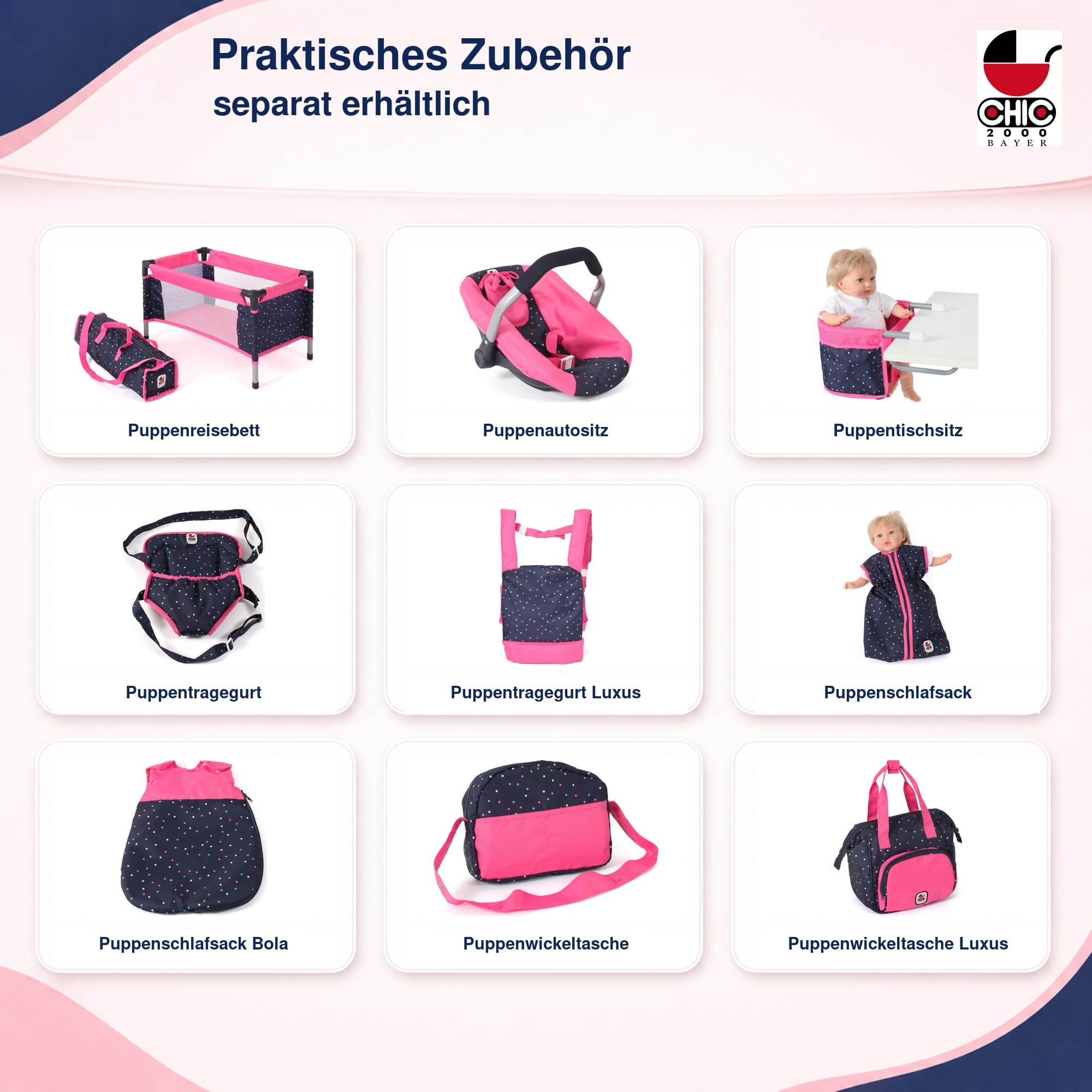 Bayer Chic 2000 - Wózek dla lalek Mika 2 w 1, wózek dla lalek kombi dla dzieci w wieku od 4 do 8 lat, wózek dziecięcy dla lalek do 52 cm, różowe konfetti