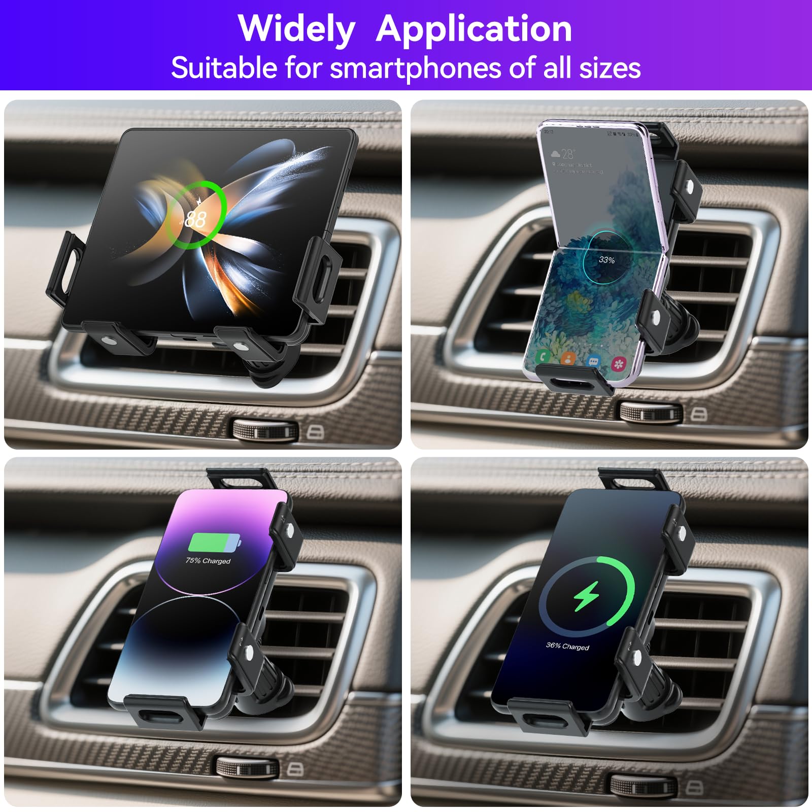 Supporto per auto con caricabatteria wireless rapido QC 3.0 a doppia bobina da 15 W Olycism con funzione di ricarica per Z Fold/Flip 7/6/5/4/3, supporto per auto rotante automatico
