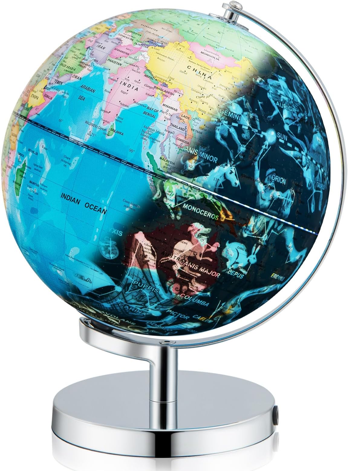 COSTWAY 3 in 1 Illuminated World Globe, 23cm Rotating Earth Globe with Constellation Stars, LED Night Light, Geography Educational Globe for Classroom, Office, Decorative