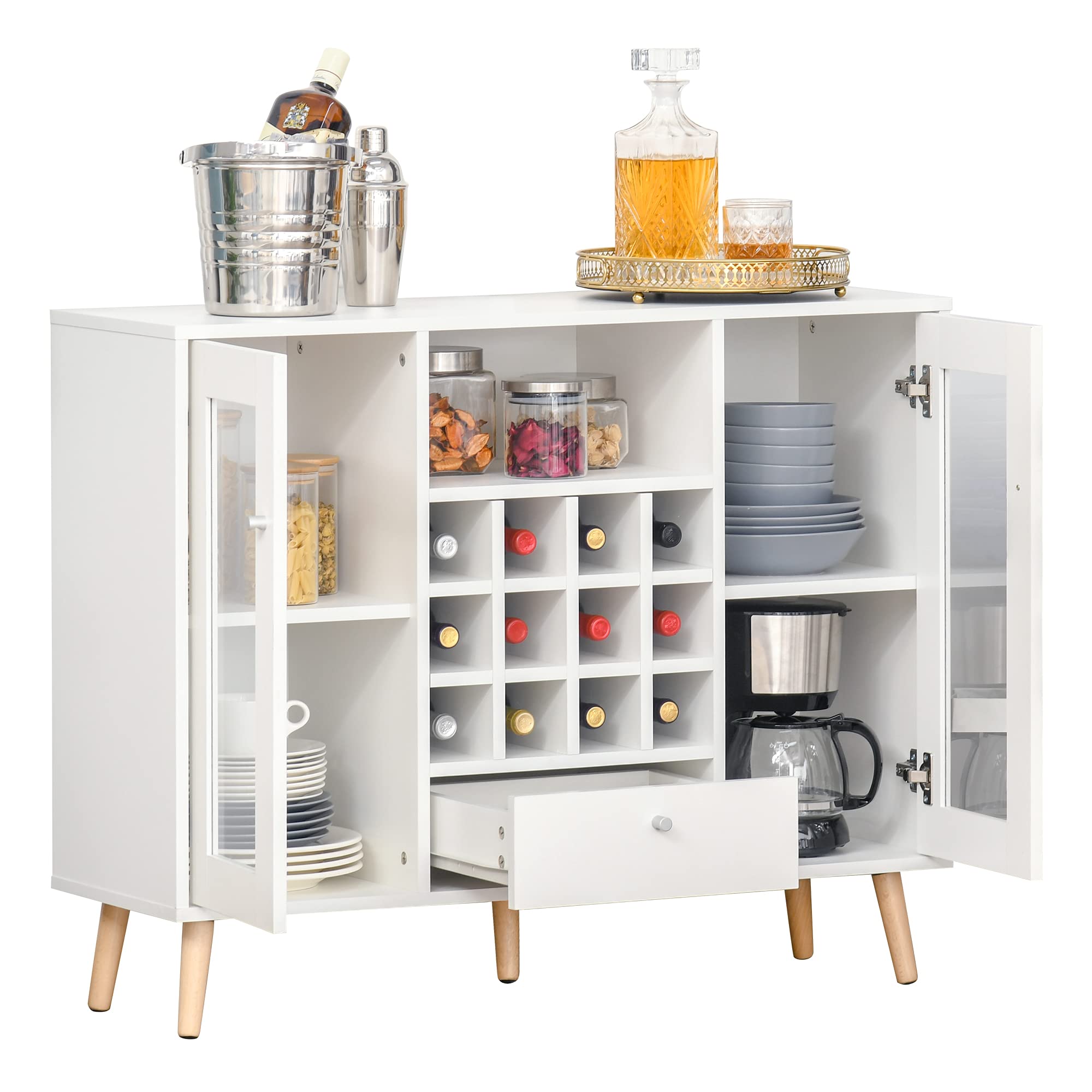 HOMCOM Aparador de Cocina Buffet Alacena con Botellero 100x33x80 cm Blanco | para Salón y Comedor, Almacenaje, Cajón, Estante Abierto, 2 Armarios con Puertas de Cristal, Moderno