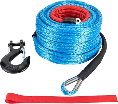 حبل ونش صناعي 3/8 x 100 قدم، 23809 رطل حبل كابل خط ونش صناعي مع خطاف ونش مزور لمركبات الطرق الوعرة ATV UTV SUV شاحنة قارب ملحق ونش أزرق