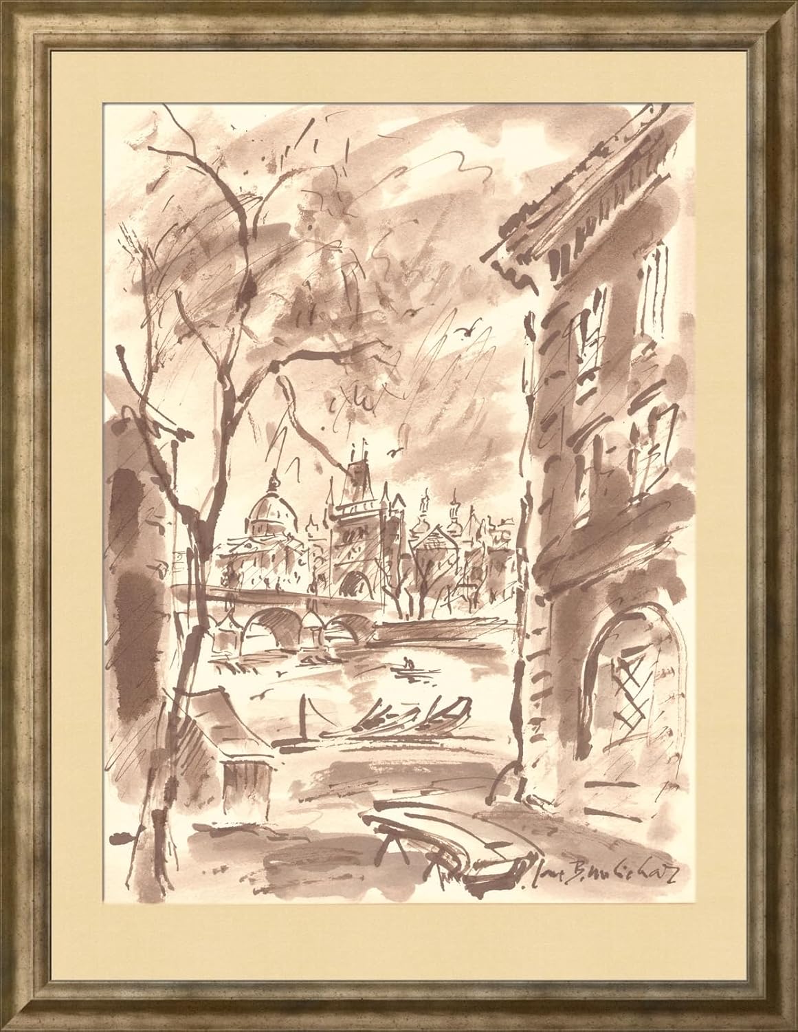 Jan B. Melichar Damm at Charles Bridge in Prague | Lavish Drawing | Handmade Poster by Prague | Unique Picture Original Work Painting | 35 x 47 cm