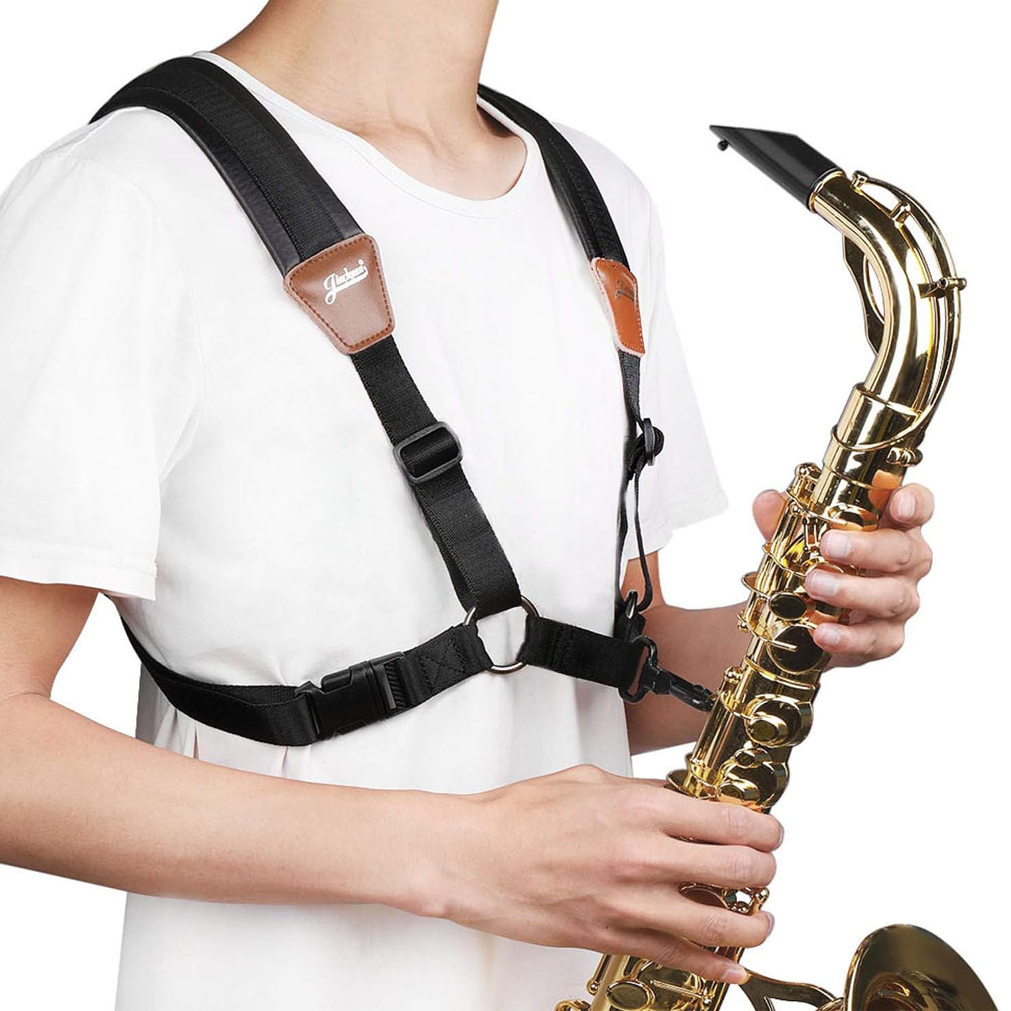 Sassofono Strap, Nero Cinturino per Sassofono In Vera Pelle, Spessore Imbottito Regolabile Sax Neck Strap, Cinturino Universale per Qualsiasi Sassofonista (B)