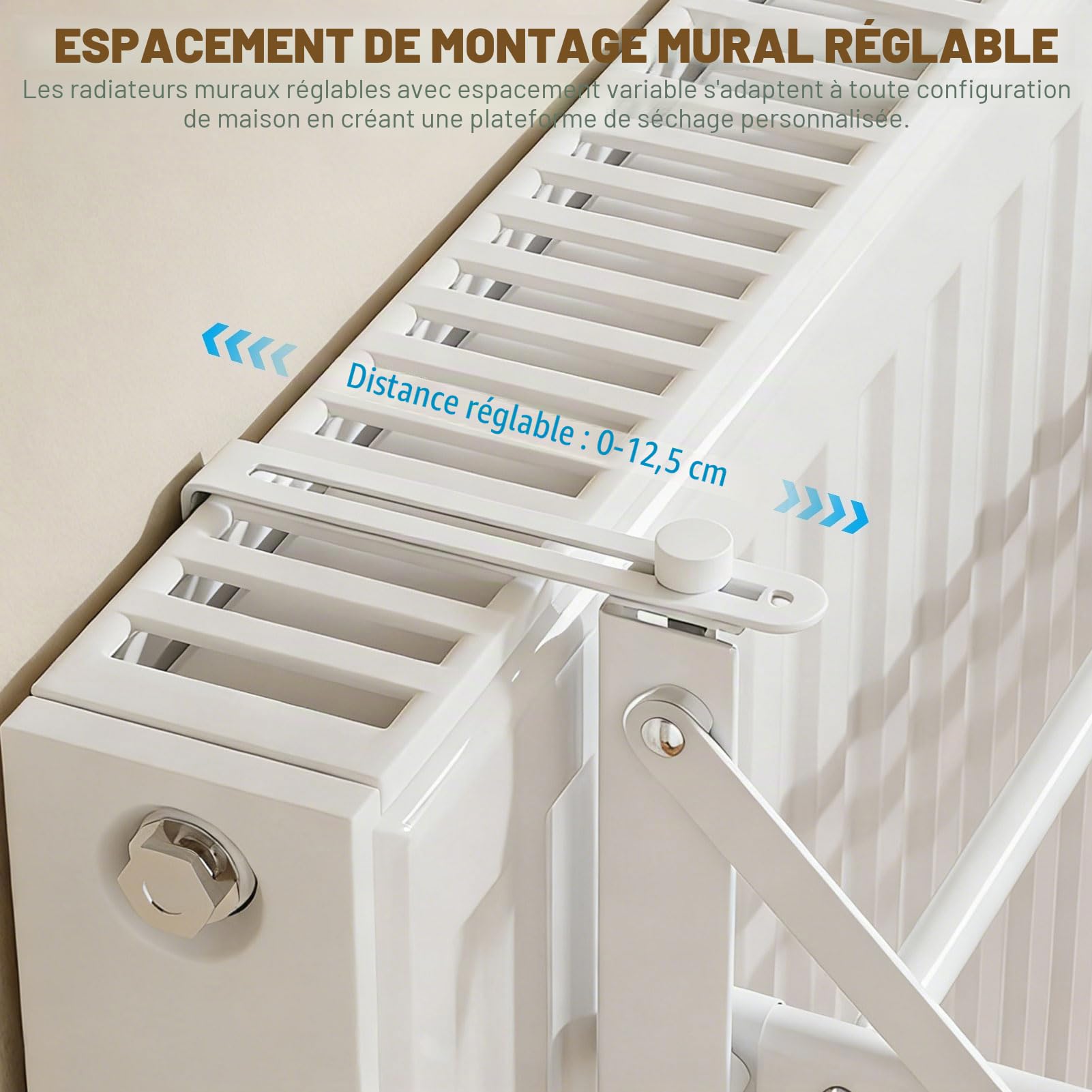 Porte-serviettes radiateur, blanc, porte-serviettes chauffant, porte-serviettes pour radiateur sans perçage, étendoir à linge radiateur, sèche-linge, distance murale réglable : 0 à 12,5 cm (D)
