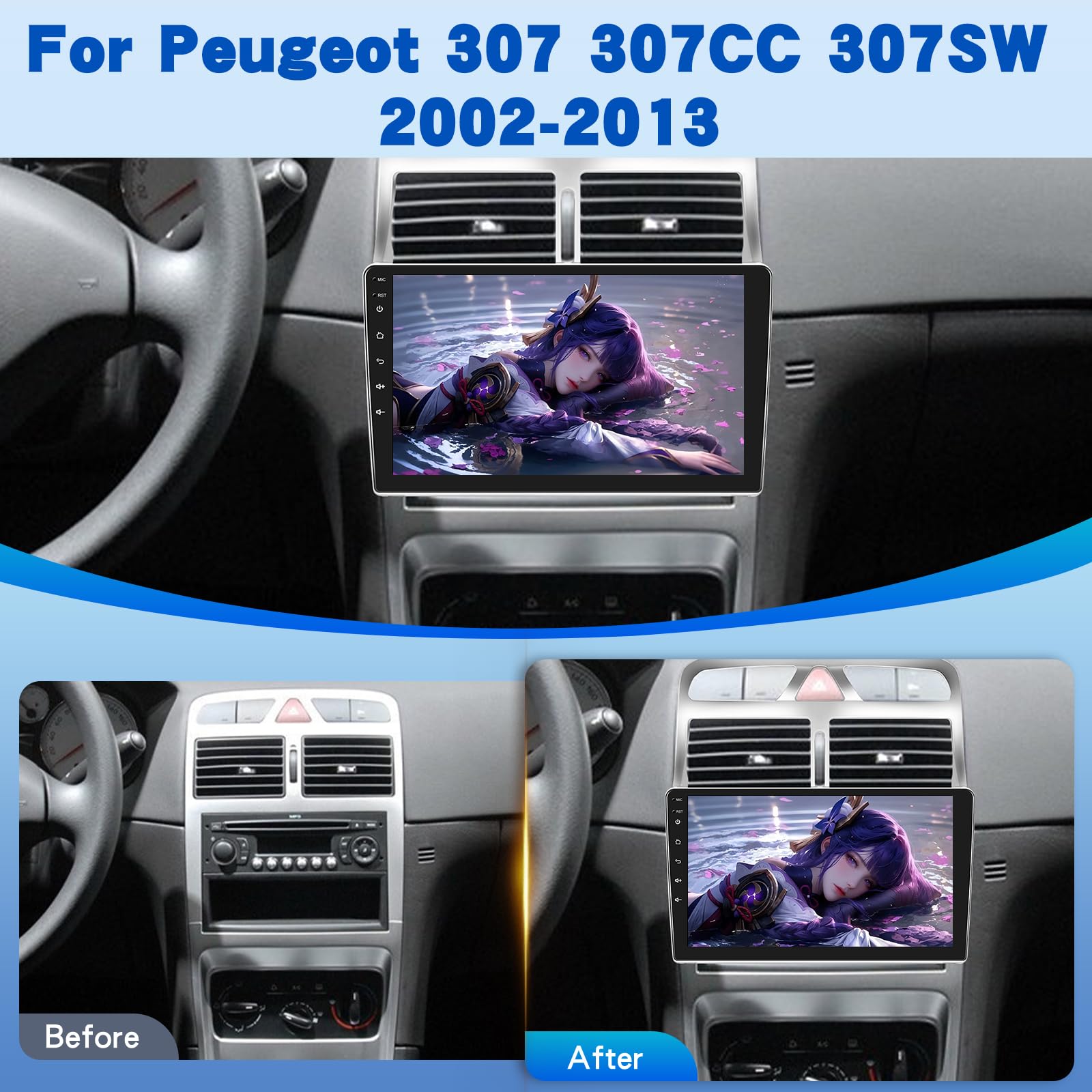 Radio de Coche para Peugeot 307 307CC 307SW 2002-2013, [2G+64G] Estéreo de Coche con 9 Pulgadas Pantalla Táctil Android con Wireless Carplay y Android Auto/Bluetooth/WiFi/Bluetooth/EQ/FM RDS Radio