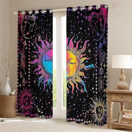 Miniatura 2 de Cortinas y cortinas bohemias con diseño de sol y luna, teñido anudado arcoíris, galaxia, psicodélica, de 84 pulgadas de ancho x 63 pulgadas de