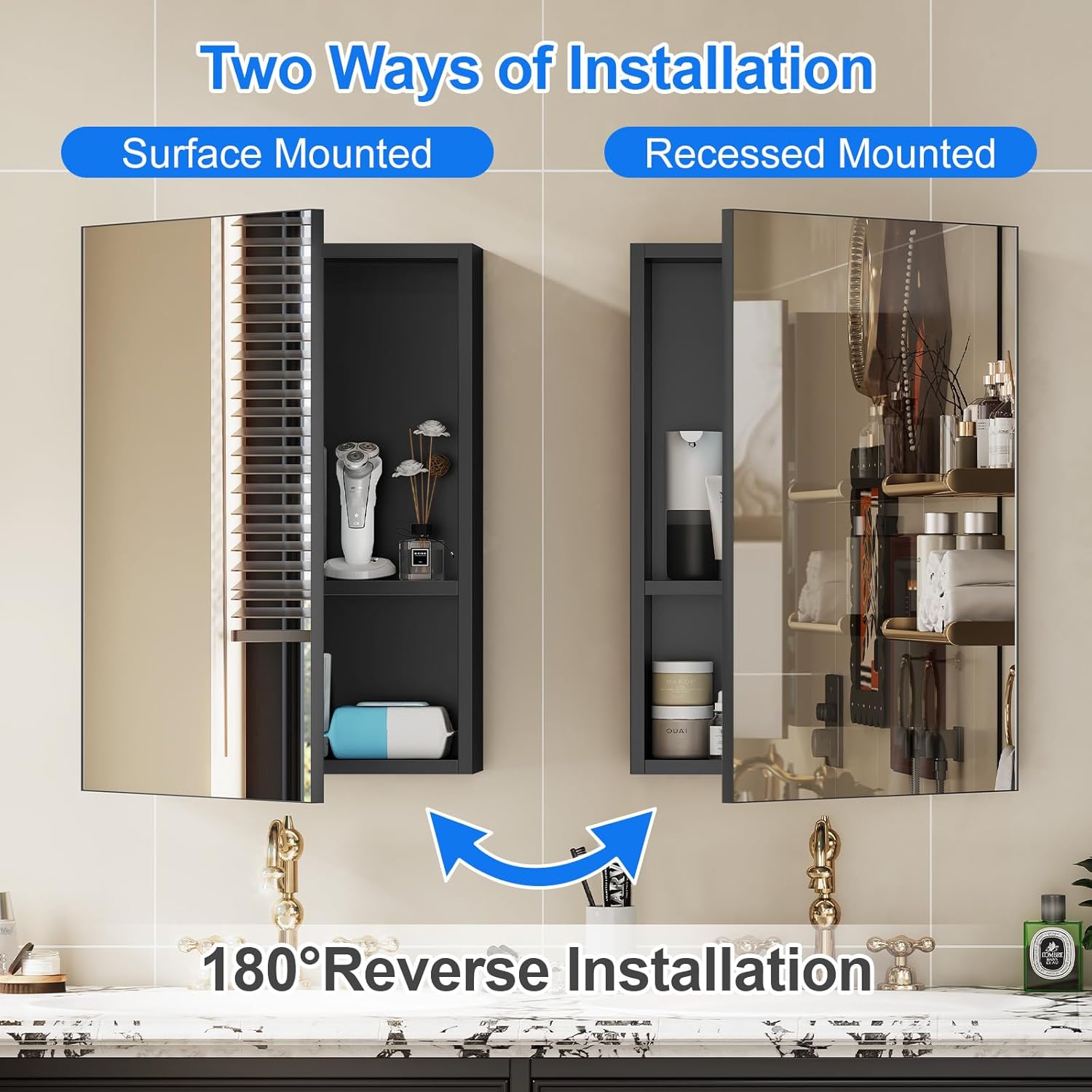 JBLCC Medicine Cabinet with Mirror, 24''x32'' Aluminum Bathroom Mirror with Storage Fully-Assembled, Rustproof & Moistureproof Lightweight Wall Mounted or Recessed Medicine Cabinet Mirror, Black