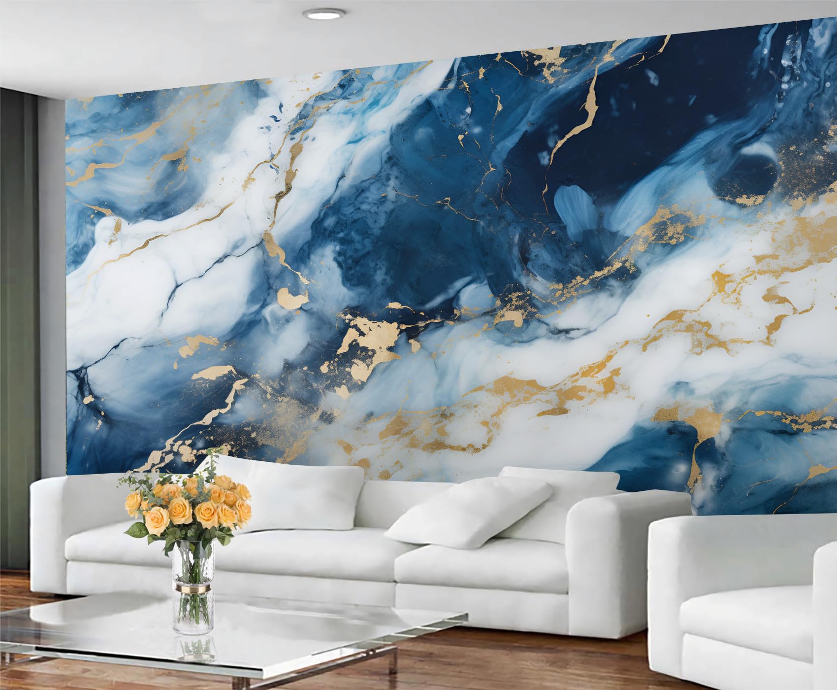 YXQAIED Marble Wallpaper, Royal Blue Bedroom Wallpaper, Vintage Blue Wall Paper for Living Room, Not Self Adhesive White Gold Marble Photo 3D Wall Murals & Room Decor, 390x260cm