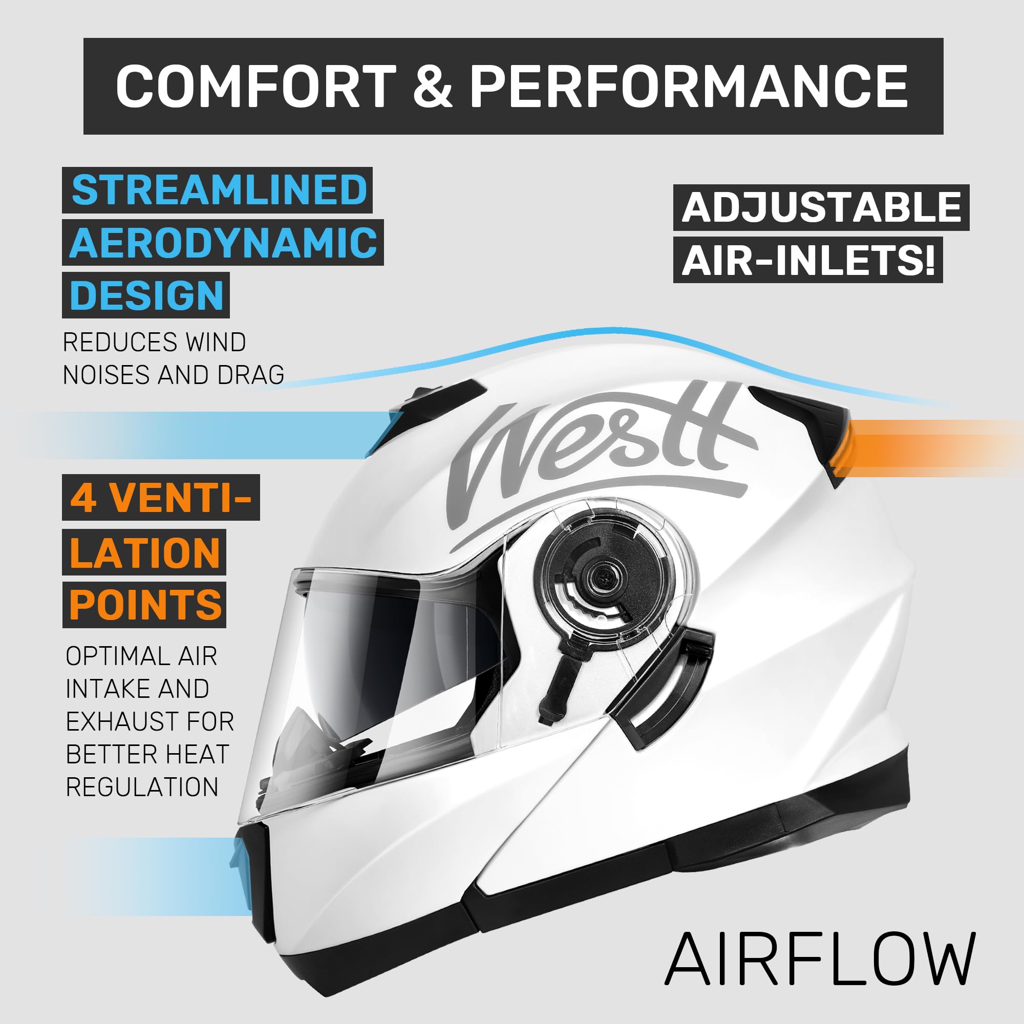 Westt Motorrad Klapphelm mit Sonnenblende & Doppelvisier – ECE 22.06 Zertifiziert – Integralhelm leicht aus ABS/EPS – Bluetooth vorbereitet – herausnehmbares Waschfutter – Motorradhelm Damen & Herren